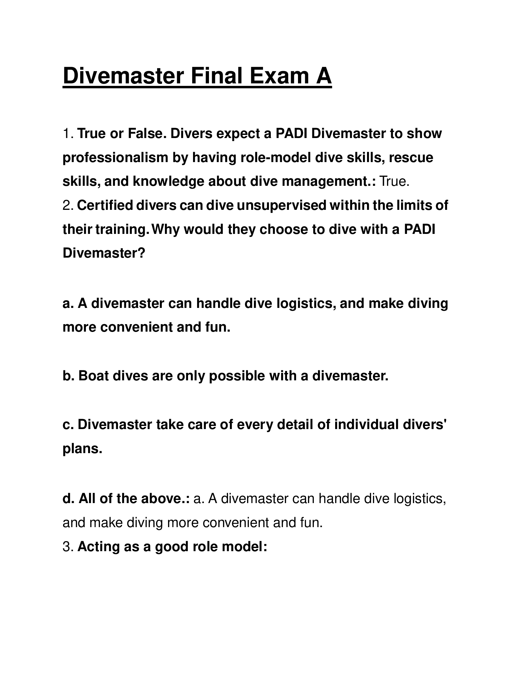 Divemaster Final Exam A with Answers