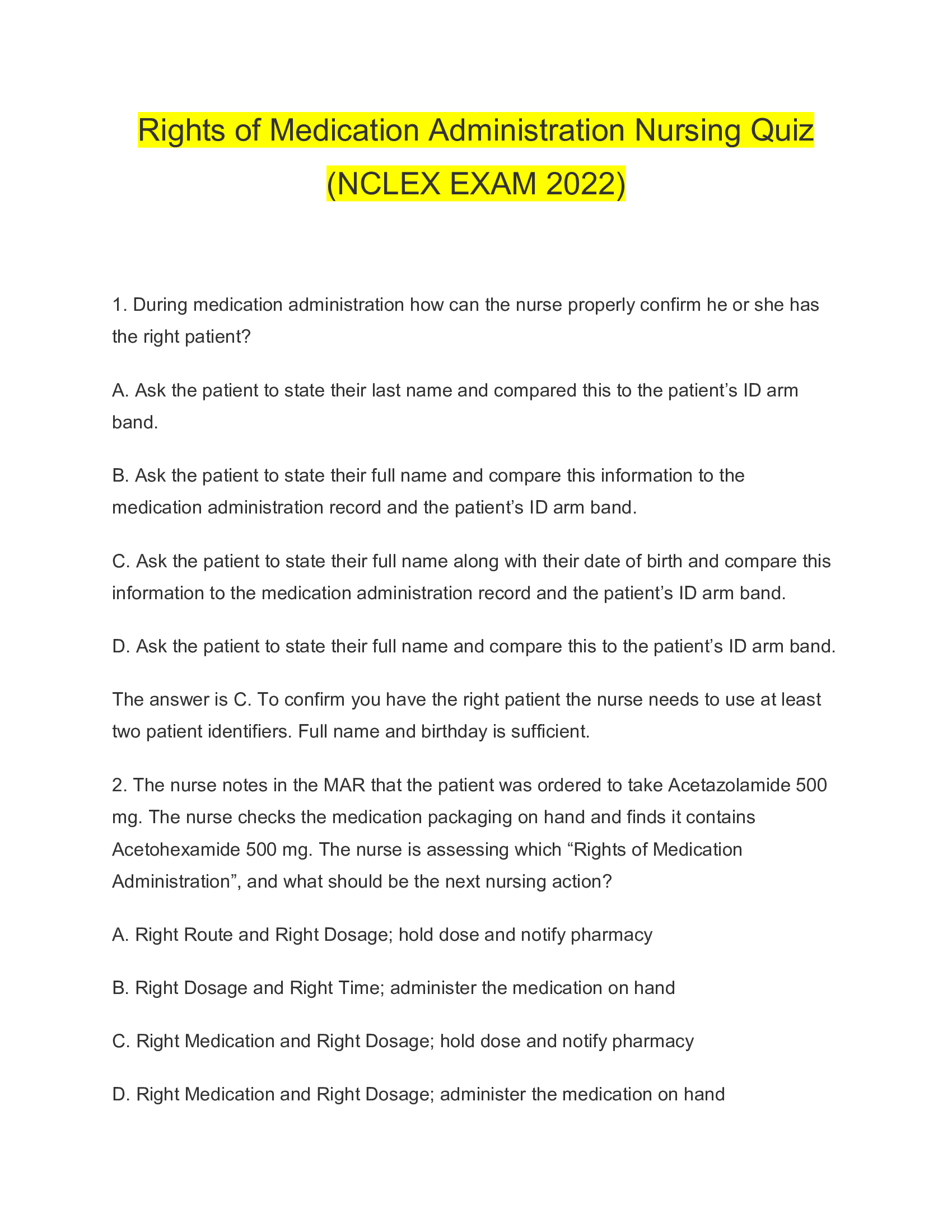 Rights of Medication Administration Nursing Quiz (NCLEX EXAM 2026)