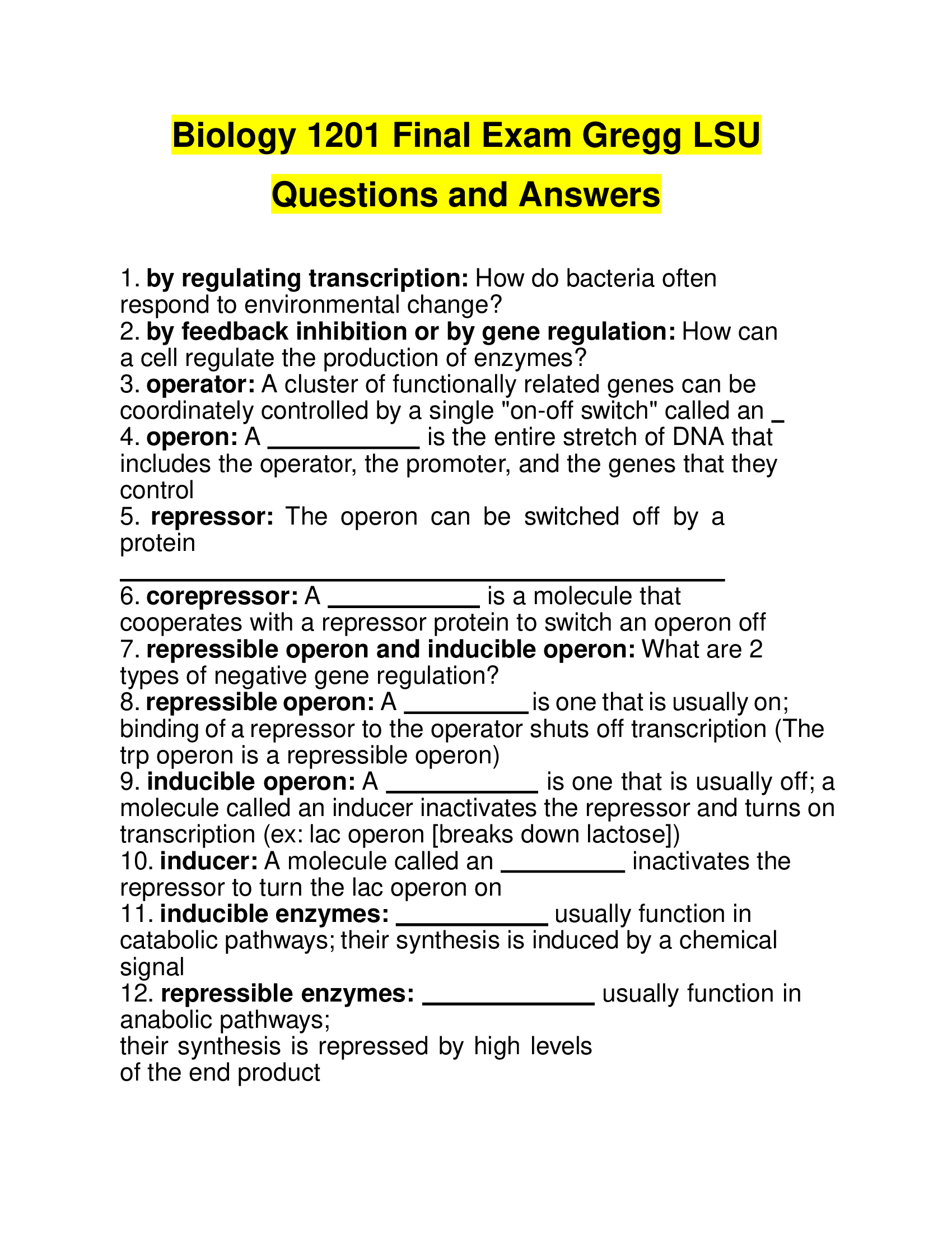 Biology 1201 Final Exam LSU Questions and Answers Gregg