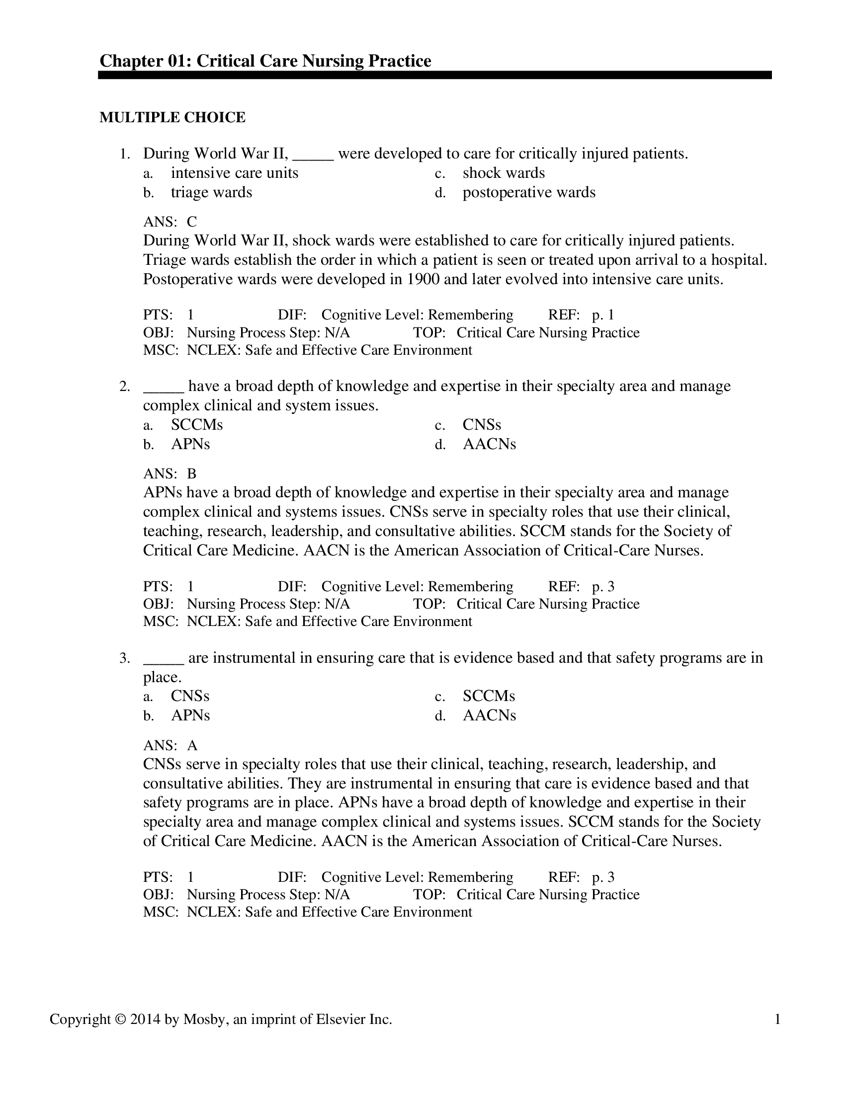 Test Bank for Critical Care Nursing 7th Edition by Urden