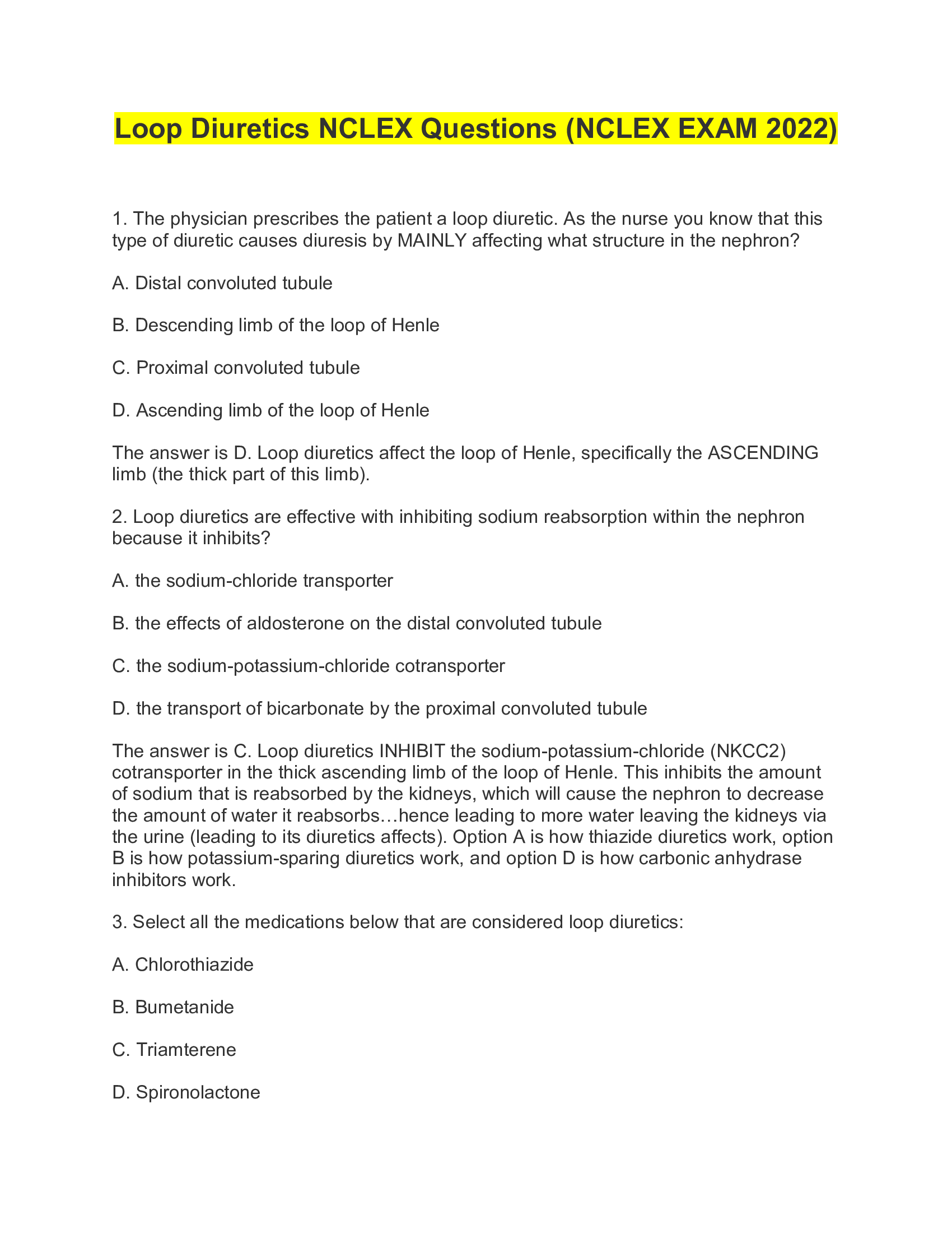 Loop Diuretics NCLEX Questions (NCLEX EXAM 2026)