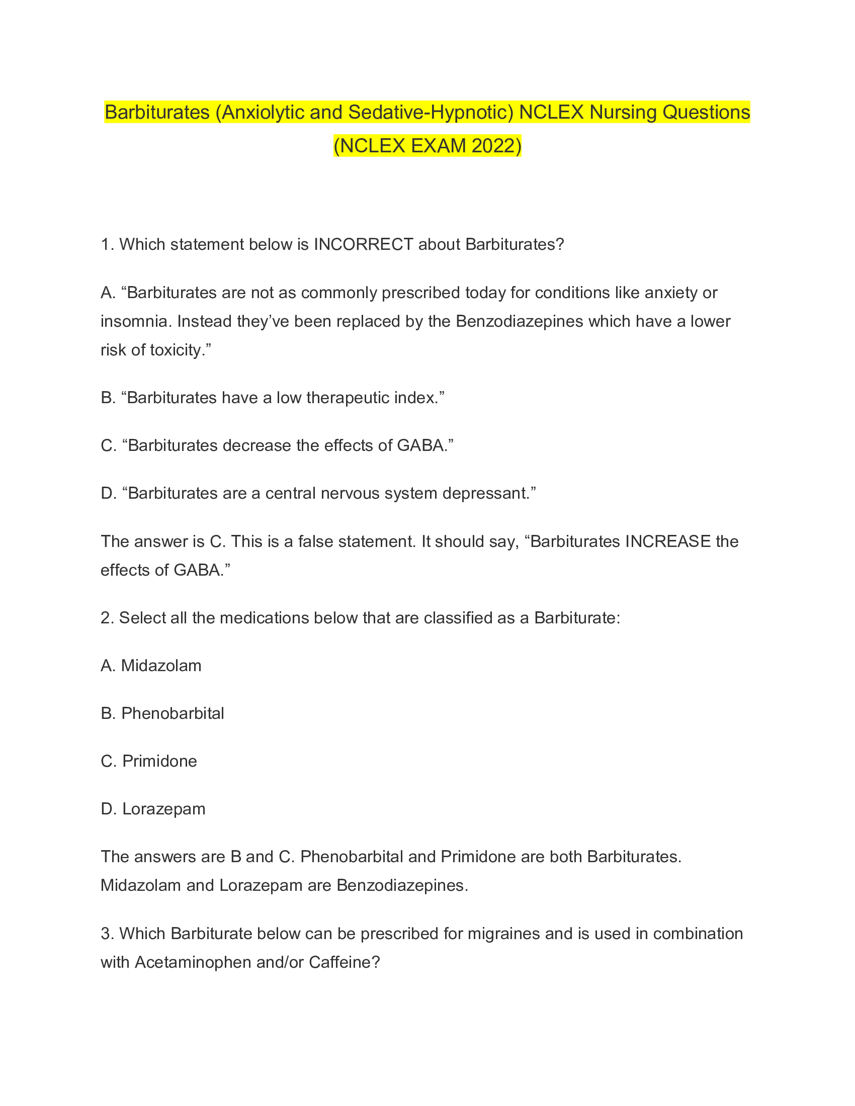 Barbiturates (Anxiolytic and Sedative-Hypnotic) NCLEX Nursing Questions (NCLEX EXAM 2026)