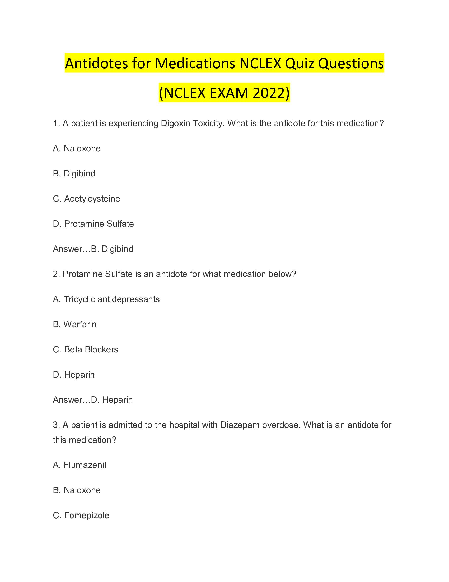 Antidotes for Medications NCLEX Quiz Questions (NCLEX EXAM 2026)