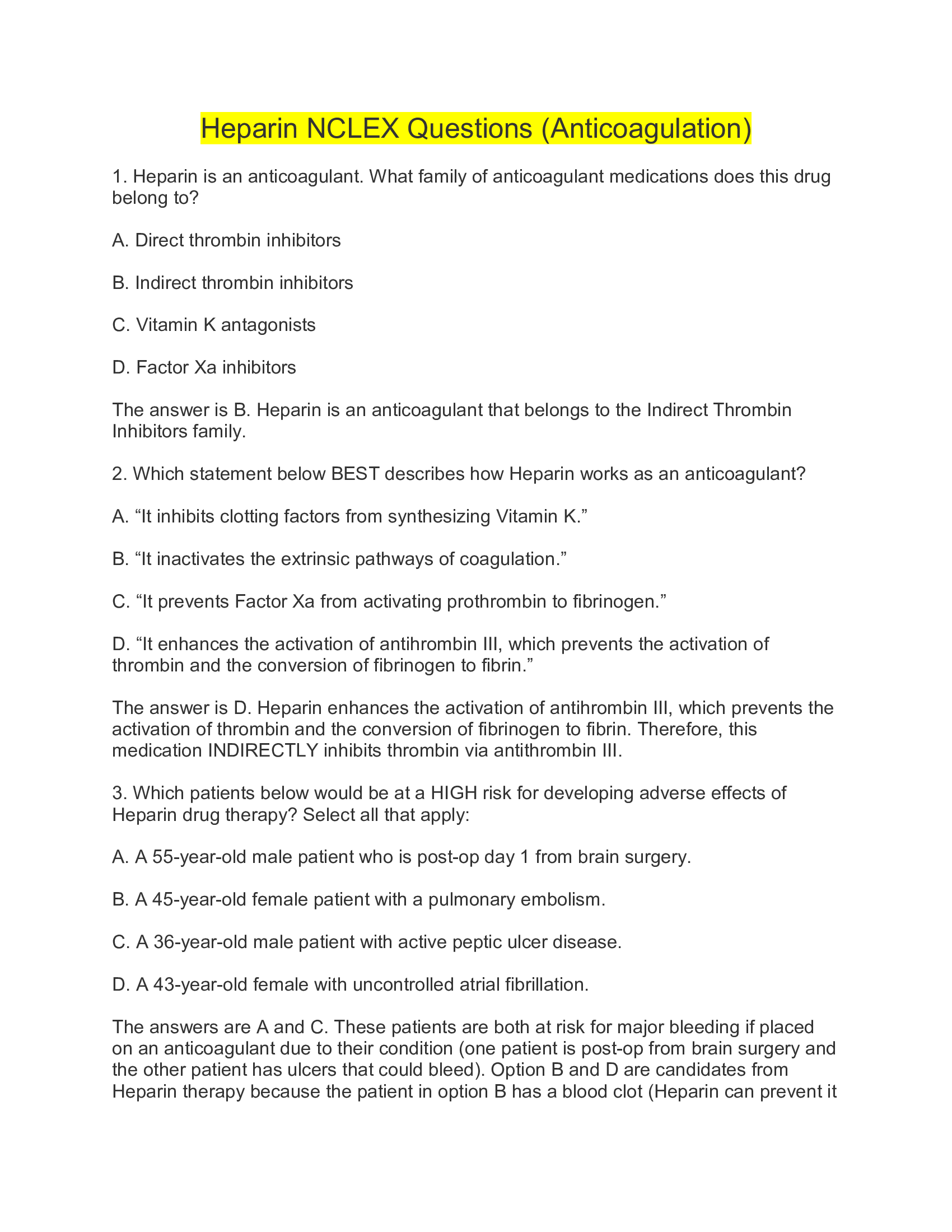 Heparin NCLEX Questions (Anticoagulation) NCLEX EXAM 2026