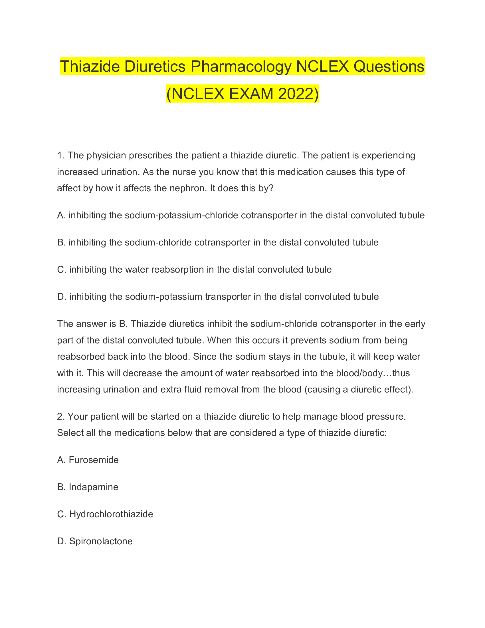 Thiazide Diuretics Pharmacology NCLEX Questions (NCLEX EXAM 2026)