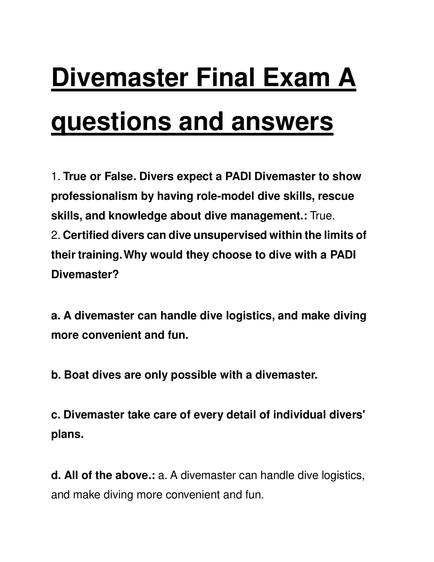 Divemaster Final Exam A questions and answers 2026 Solutions | Passing Grades