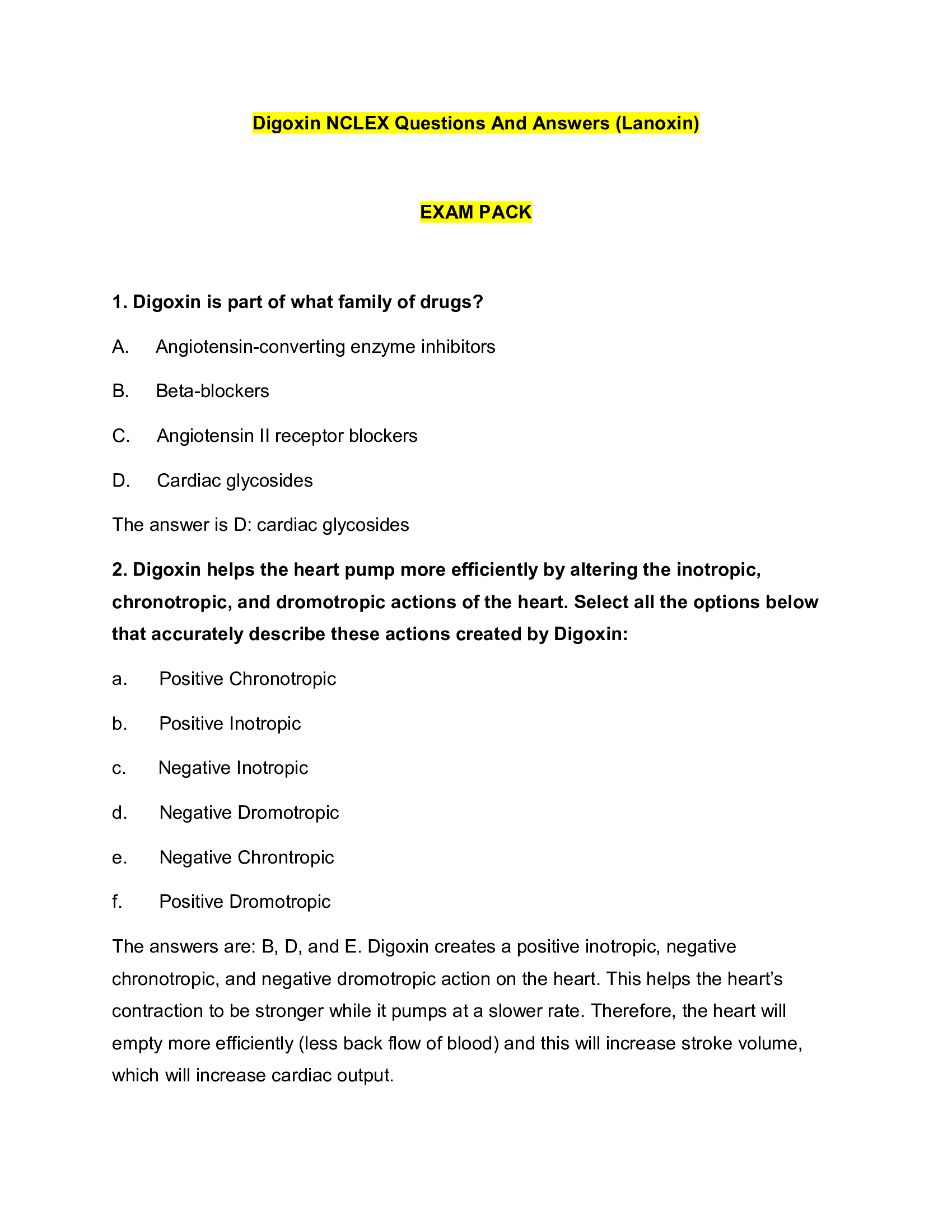 Digoxin NCLEX Questions And Answers (Lanoxin) EXAM PACK