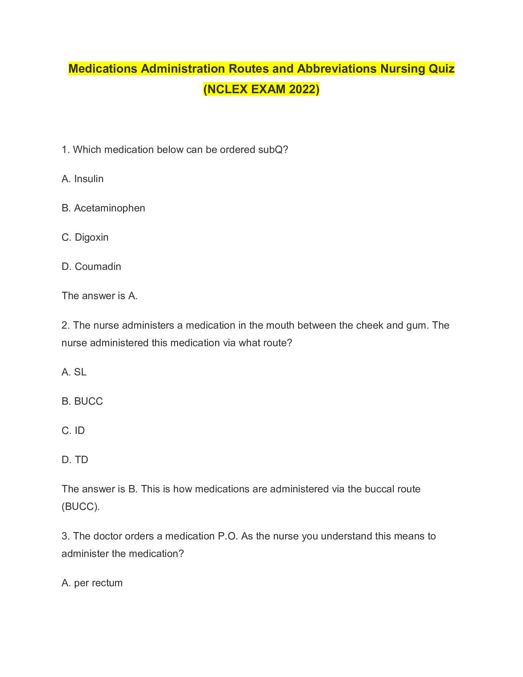Medications Administration Routes and Abbreviations Nursing Quiz (NCLEX EXAM 2026)
