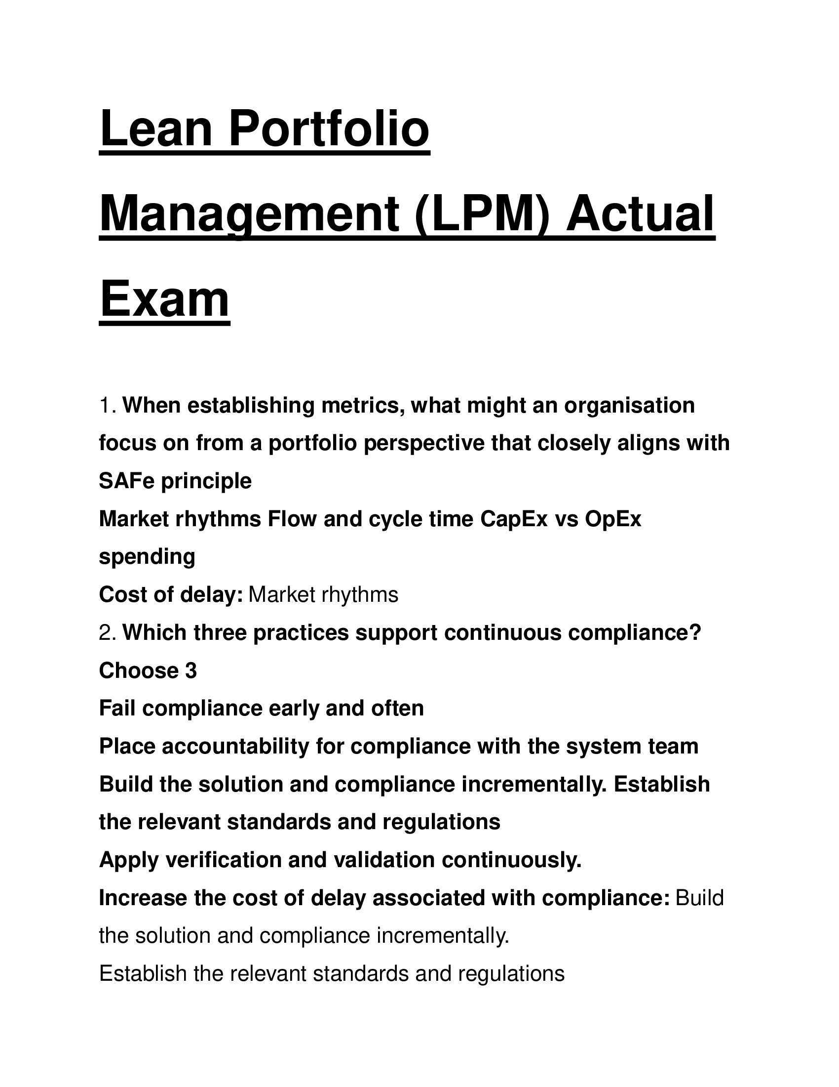Lean Portfolio Management (LPM) Actual Exam with Answers 2024