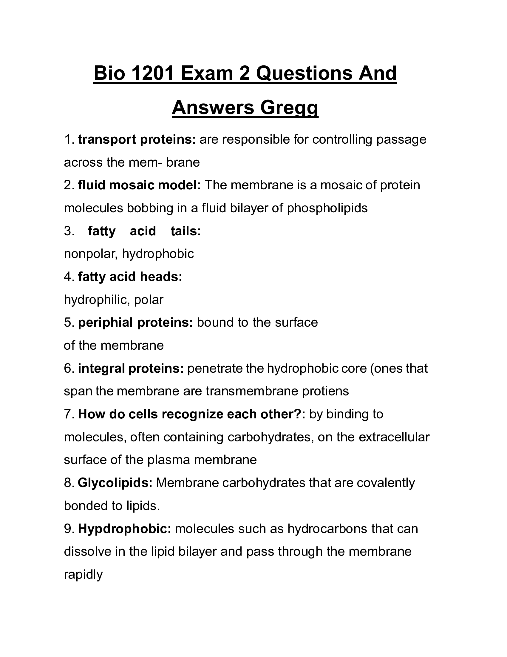 Bio 1201 Exam 2 Questions And Answers Gregg