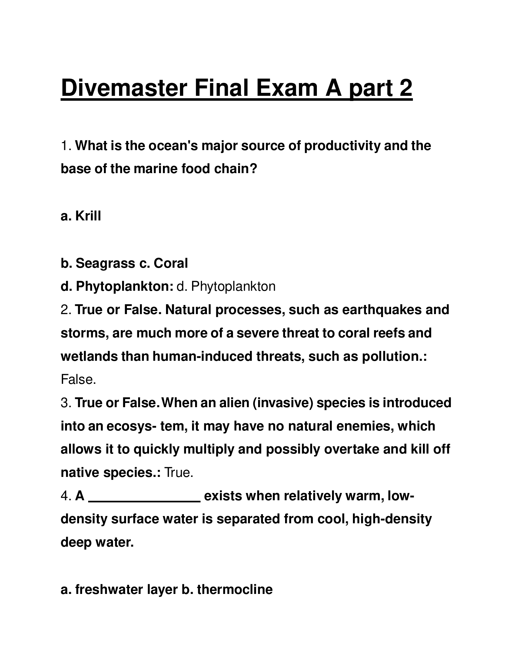Divemaster Final Exam A part 2 Answers 2026
