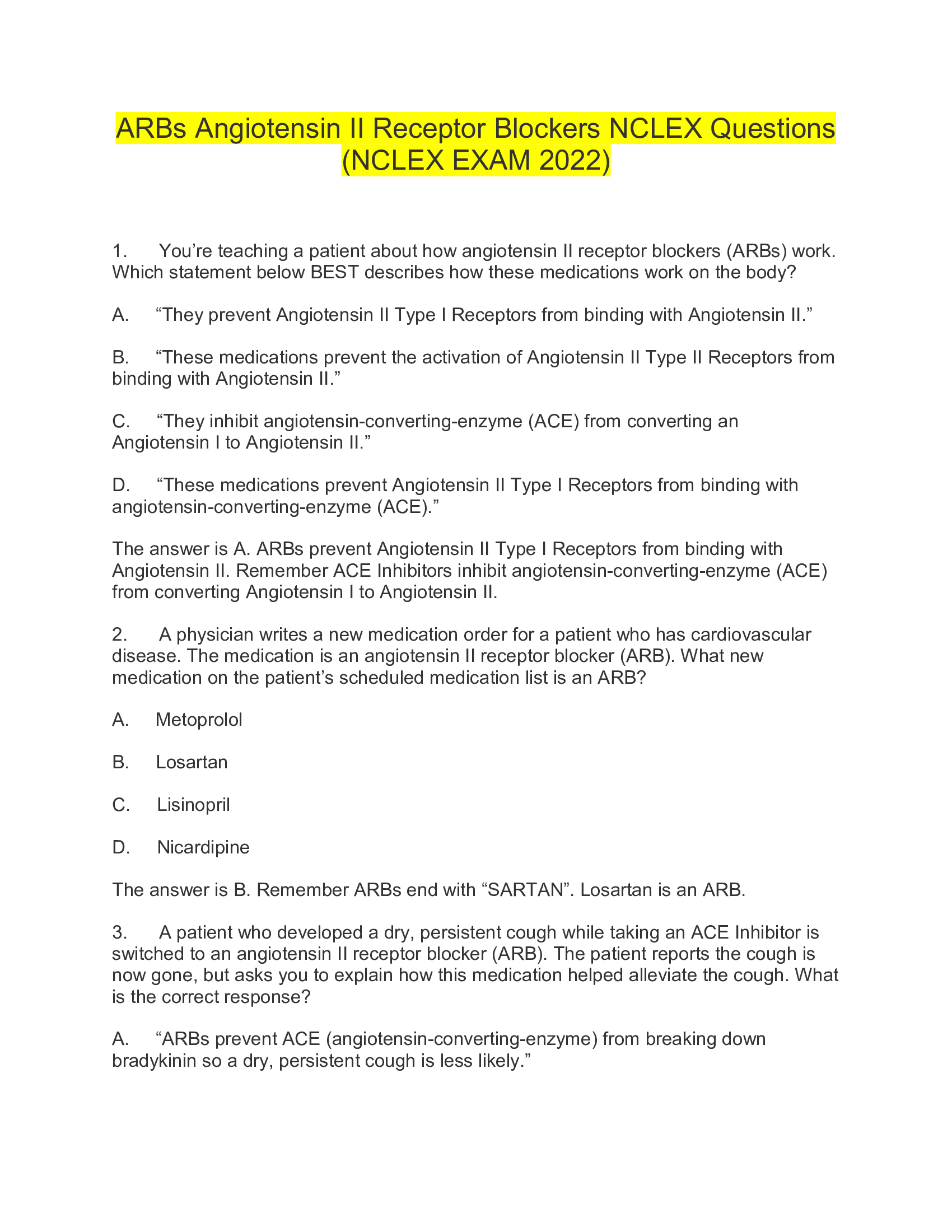 ARBs Angiotensin II Receptor Blockers NCLEX Questions (NCLEX EXAM 2026)
