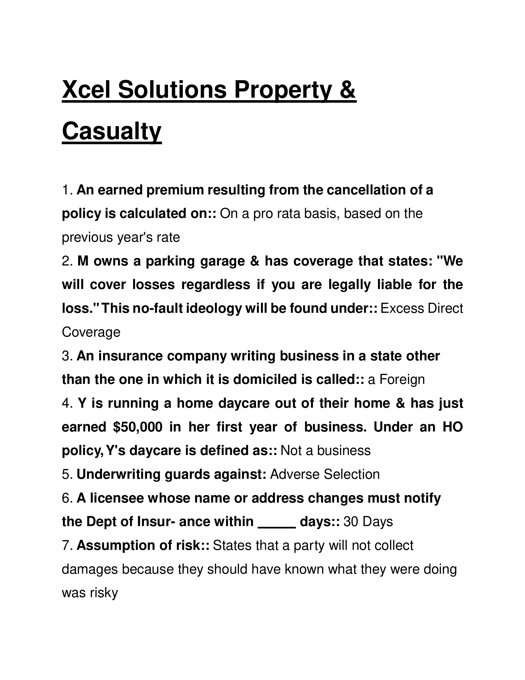 Xcel Solutions Property & Casualty Questions with Answers 2024