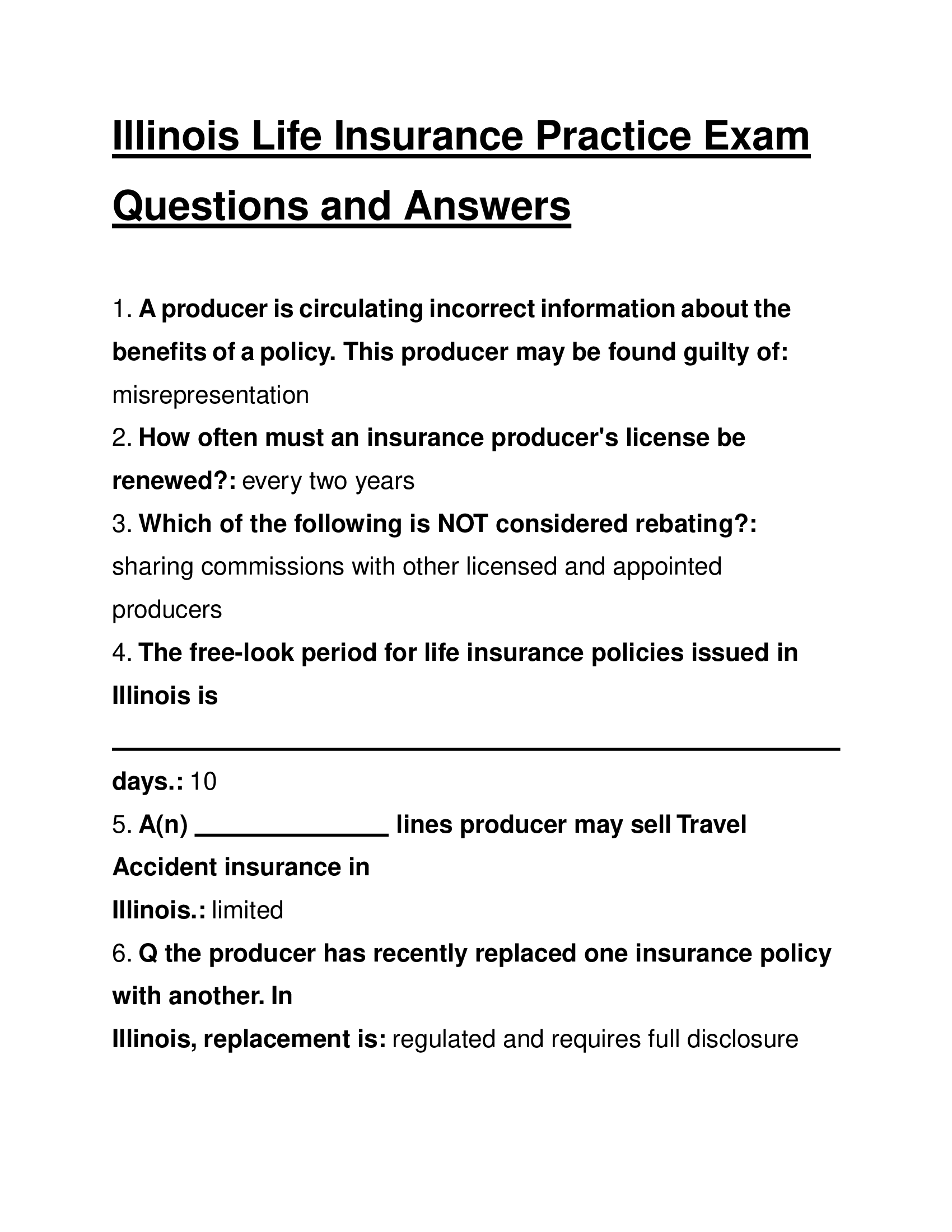 Illinois Life Insurance Practice Exam Questions and Answers