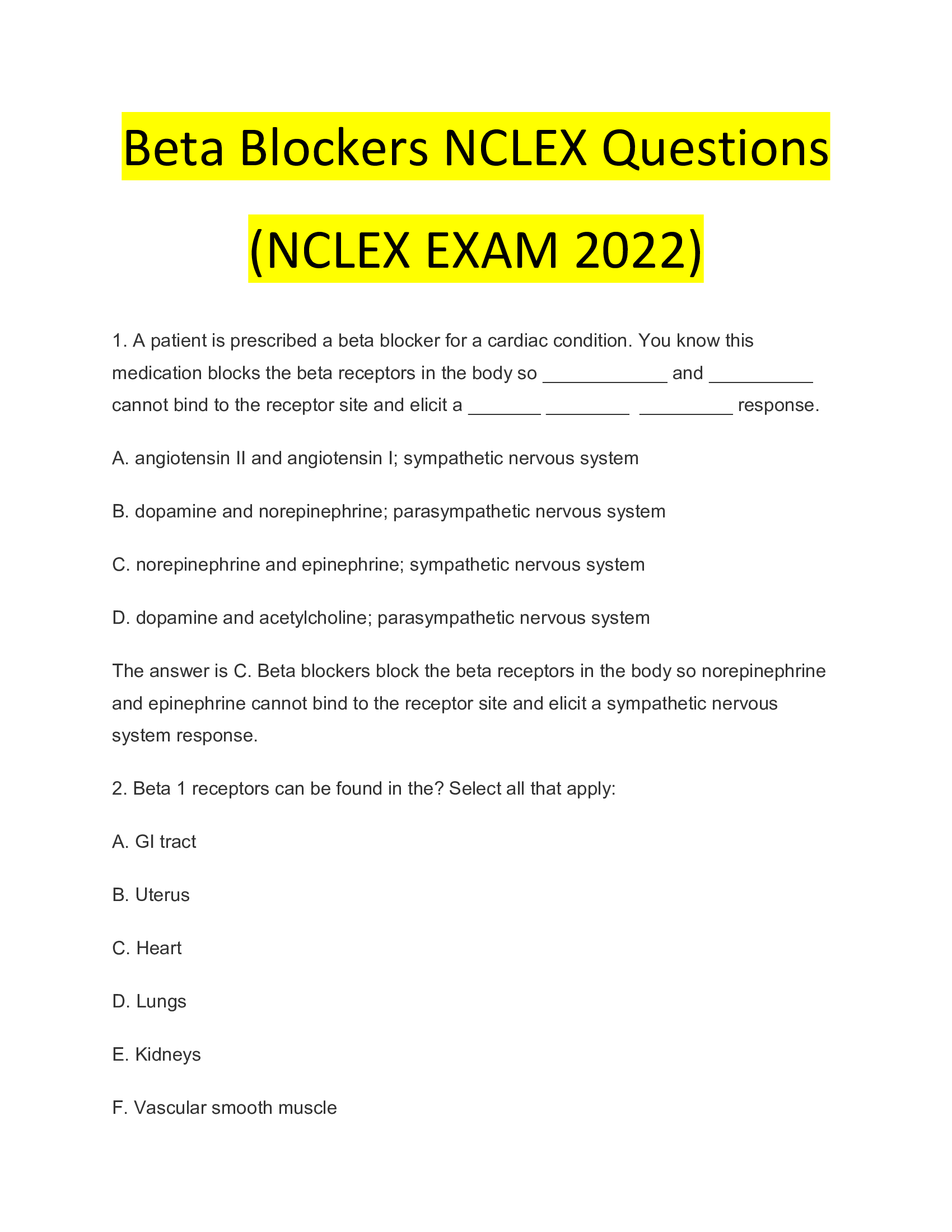 Beta Blockers NCLEX Questions (NCLEX EXAM 2026)