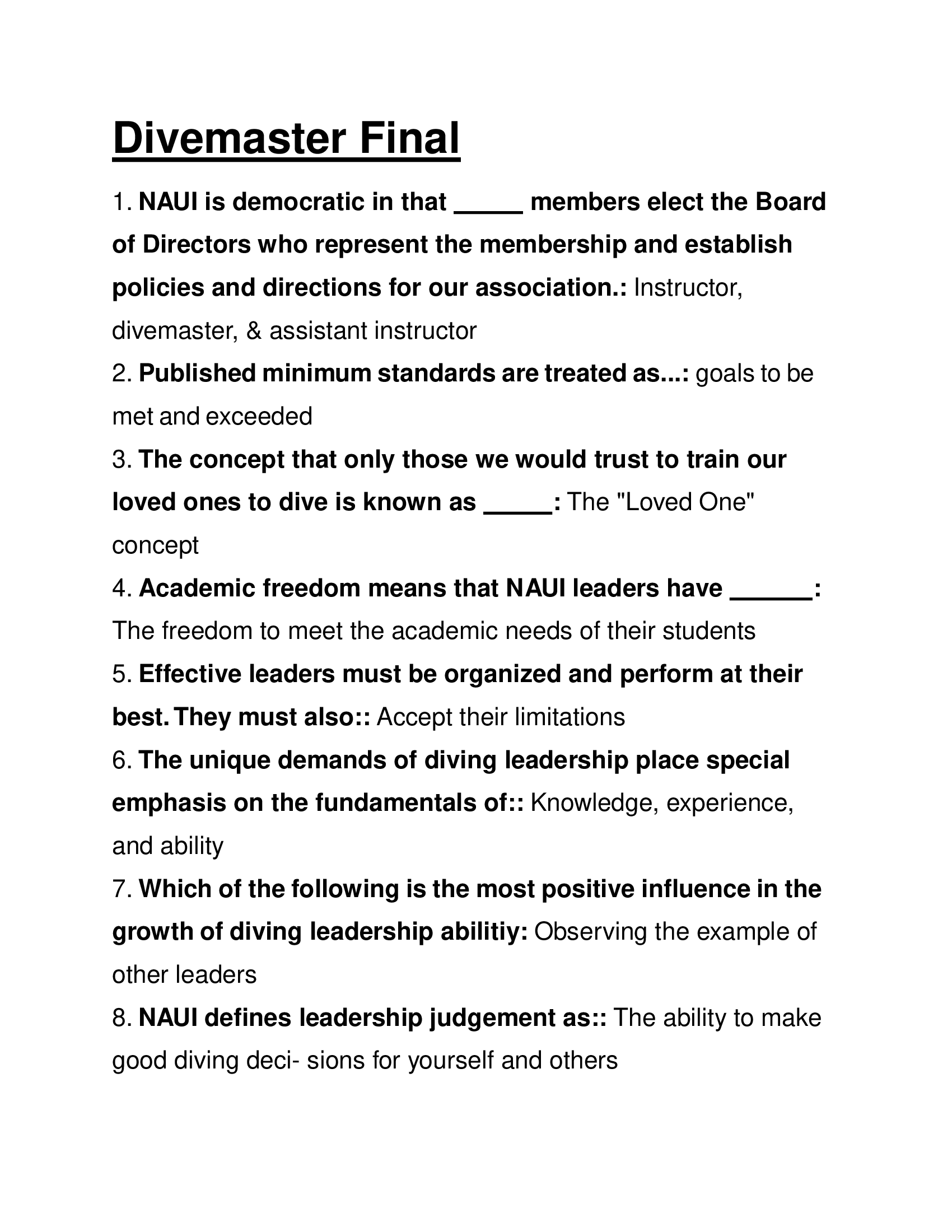 Divemaster Final Practice Questions and Answers 2024