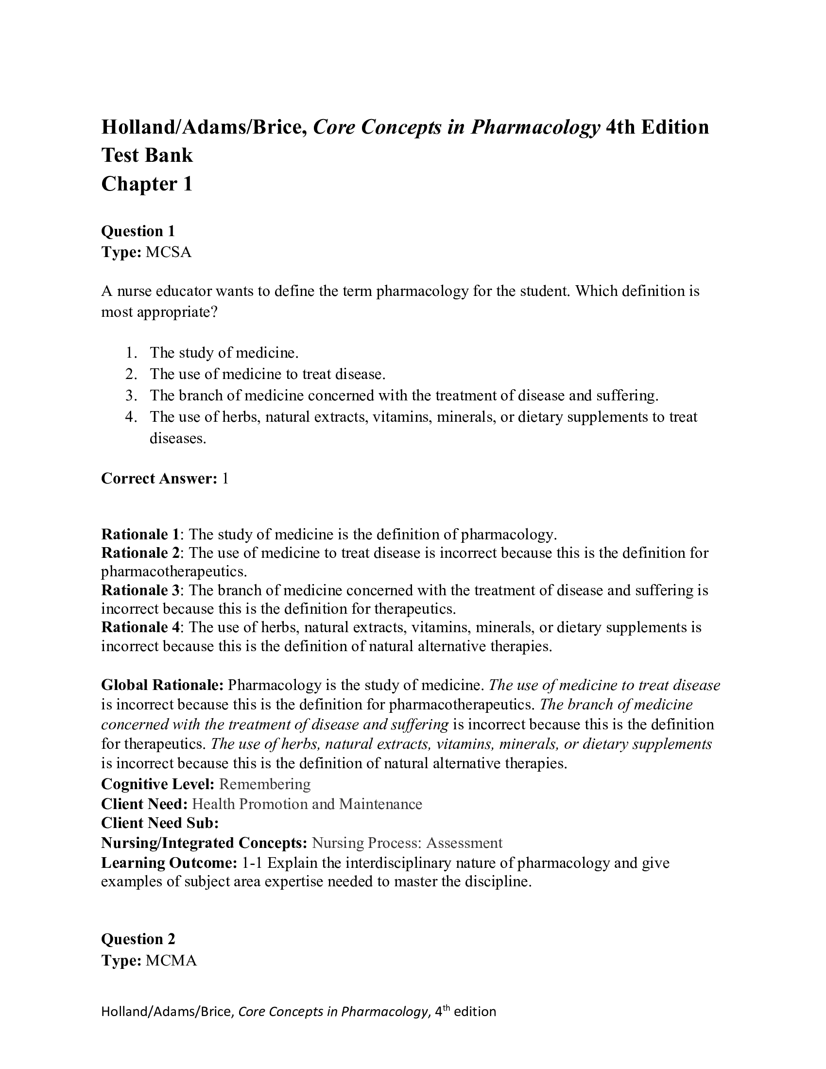 Test Bank for Core Concepts in Pharmacology 4th Edition by Holland