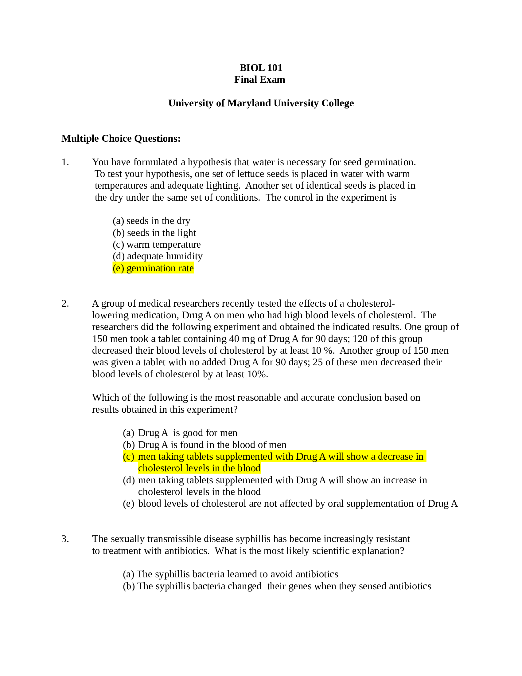 BIOL101 FINAL EXAM-ONLINE UNIVERSITY OF MARYLAND UNIVERSITY COLLEGE