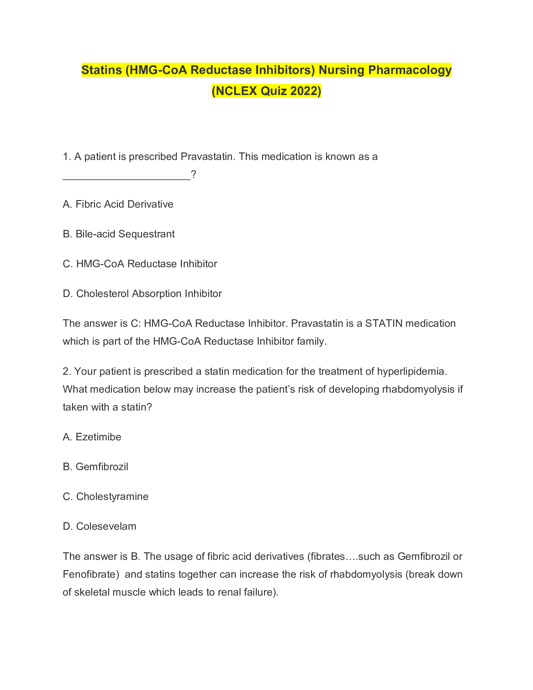 Statins (HMG-CoA Reductase Inhibitors) Nursing Pharmacology (NCLEX Quiz 2026)