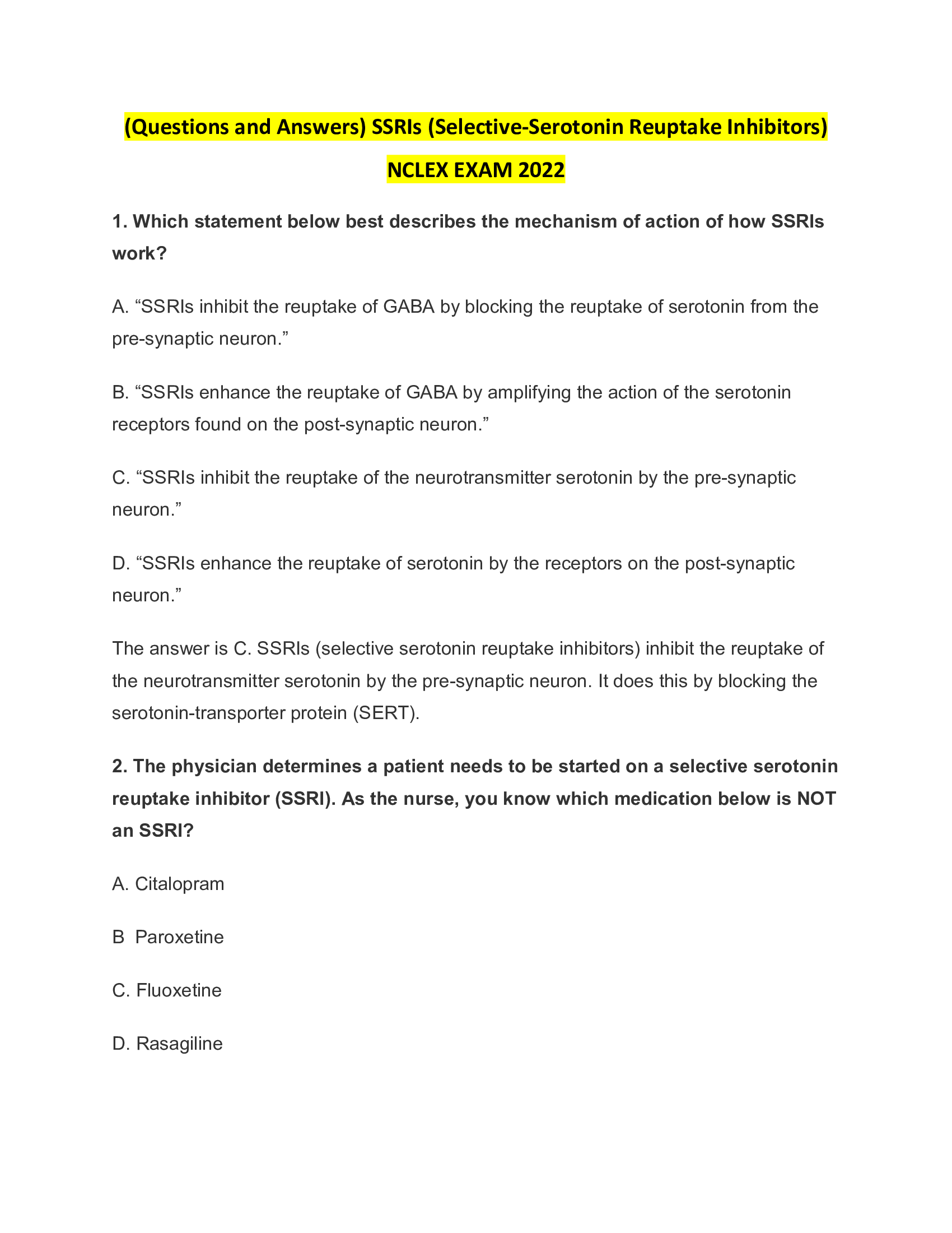 (Questions and Answers) SSRIs (Selective-Serotonin Reuptake Inhibitors) NCLEX EXAM 2026