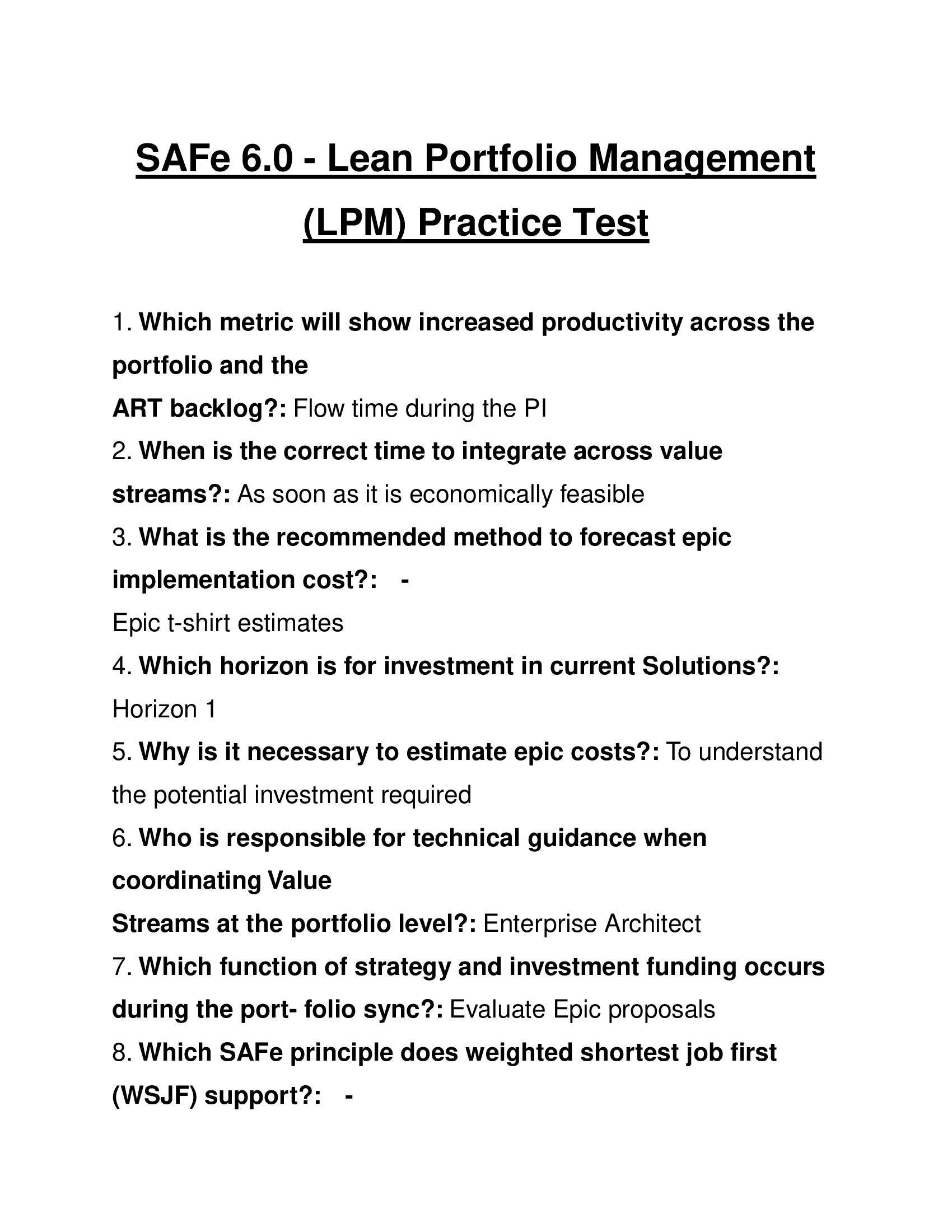 SAFe 6.0 - Lean Portfolio Management (LPM) Practice Test Questions and Answers 2024