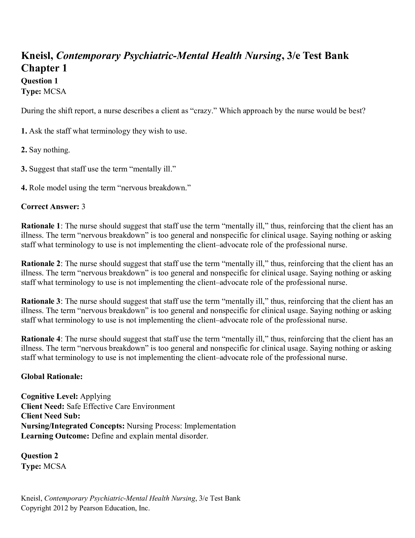 Test Bank for Contemporary Psychiatric Mental Health Nursing 3rd Edition by Kneisl