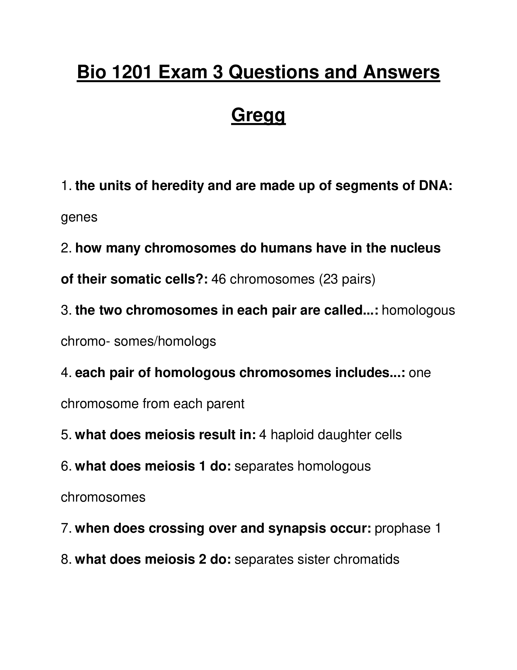 Bio 1201 Exam 3 Questions and Answers Gregg