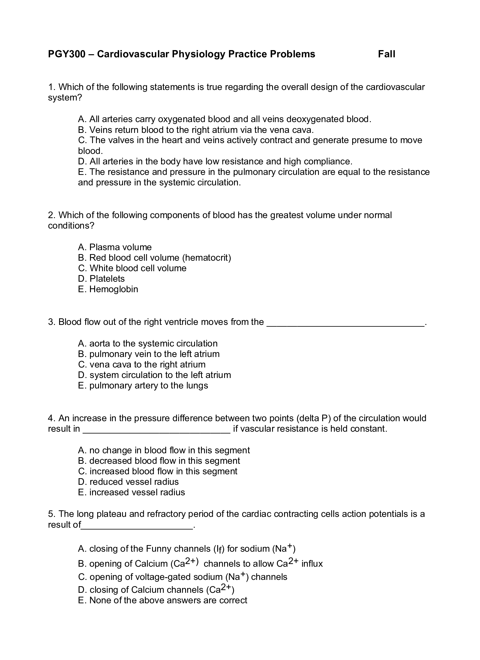 PGY300 – Cardiovascular Physiology Practice Problems