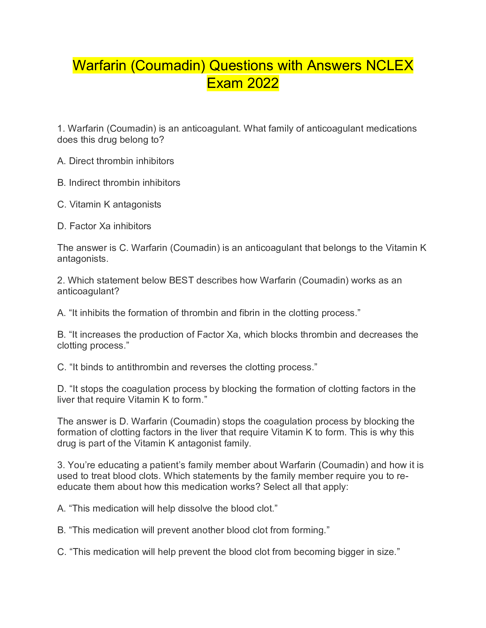 Warfarin (Coumadin) Questions With Answers NCLEX Exam 2026