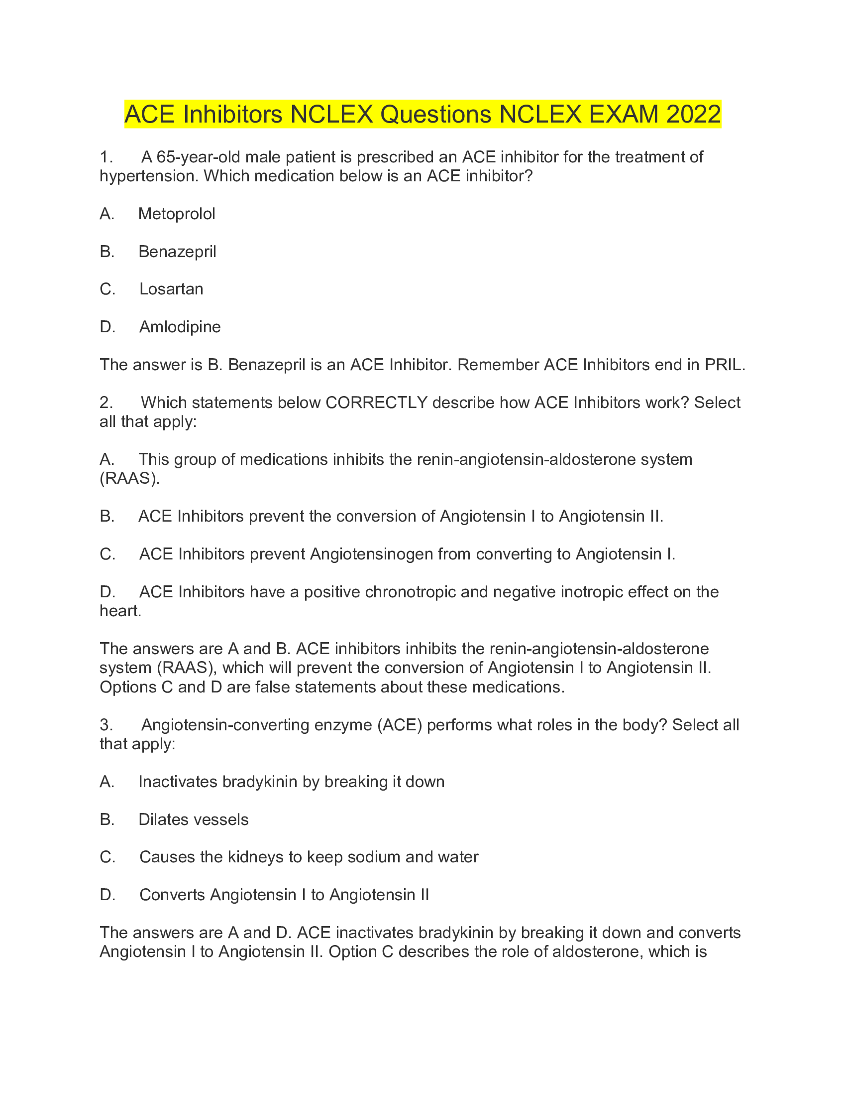 ACE Inhibitors NCLEX Questions NCLEX EXAM 2026