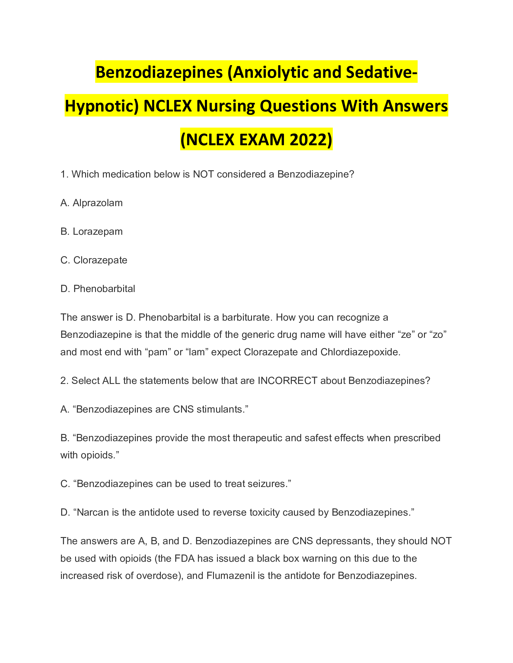 Benzodiazepines (Anxiolytic and Sedative-Hypnotic) NCLEX Nursing Questions With Answers,NCLEX EXAM