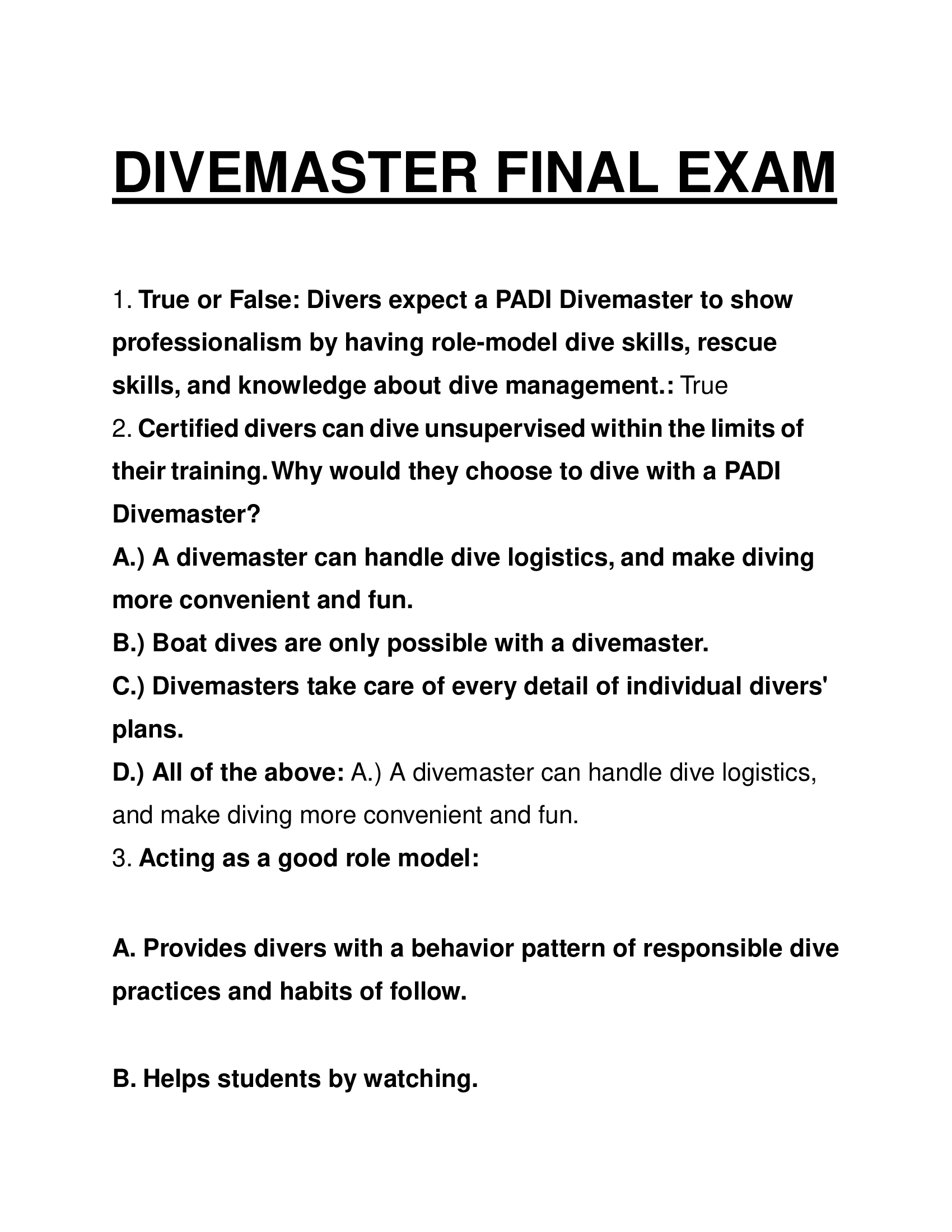 Divemaster Final Exam Questions and Answers 2026