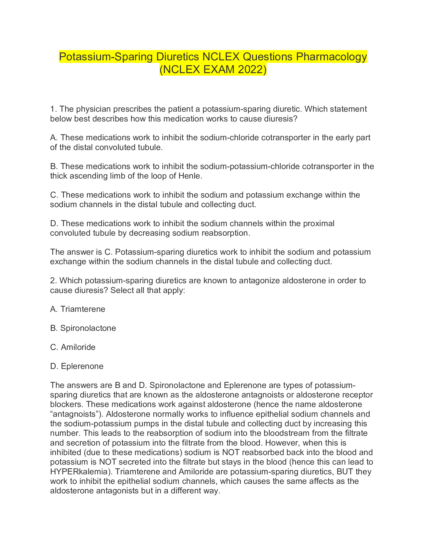 Potassium-Sparing Diuretics NCLEX Questions Pharmacology (NCLEX EXAM 2026)