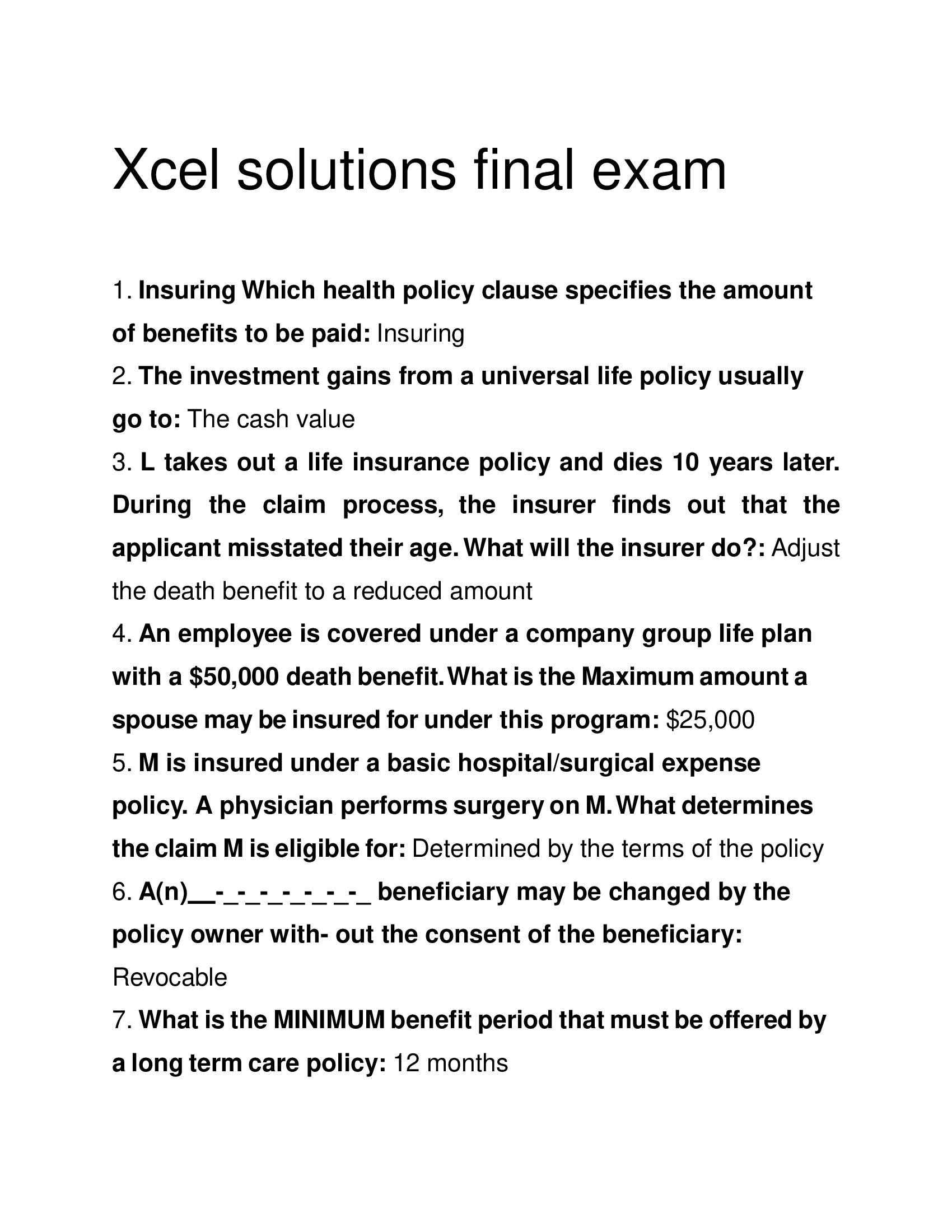 Xcel solutions final exam practice questions and answers