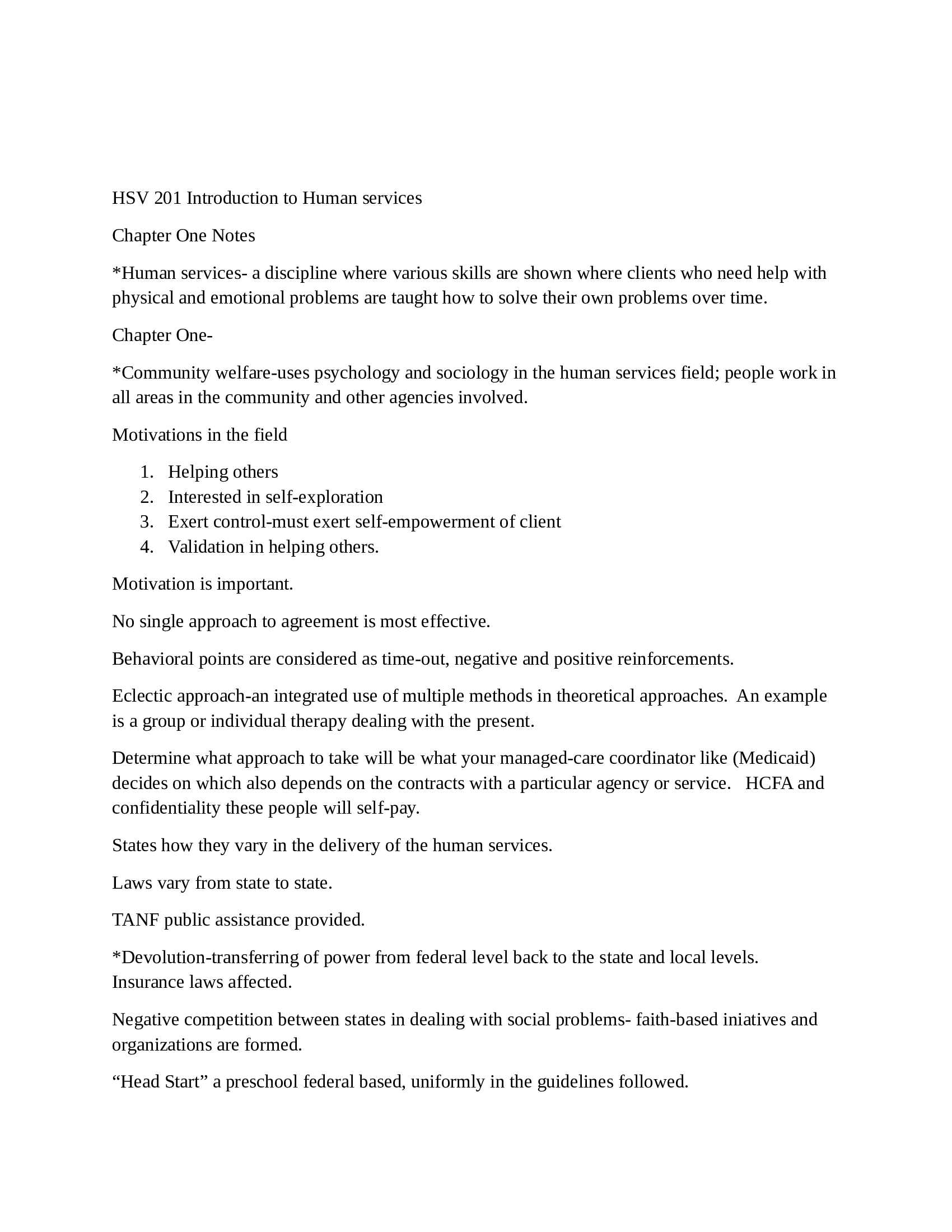 HSV 201    Introduction to the Human Services