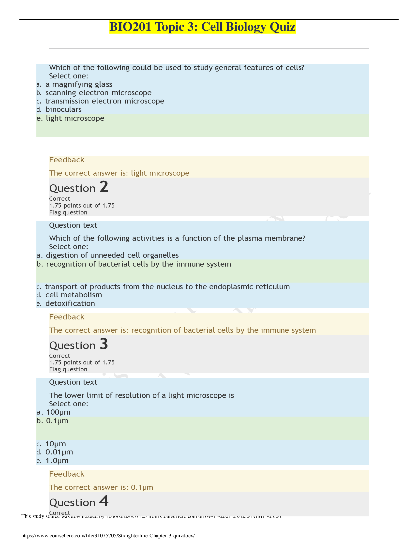 Straighterline BIO201 Topic 3: Cell Biology Quiz
