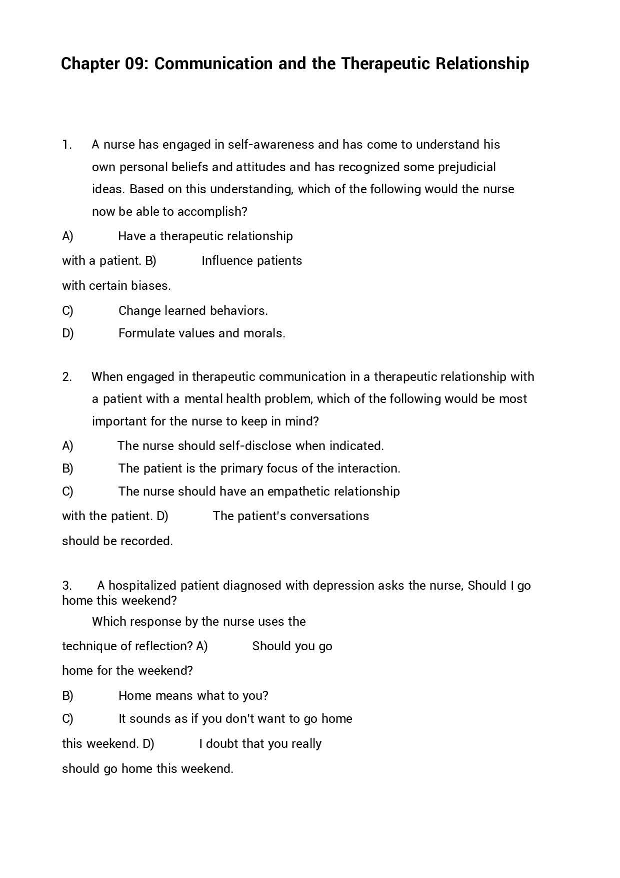 Chapter 9 Communication and the Therapeutic Relationship Exam Questions and Answers