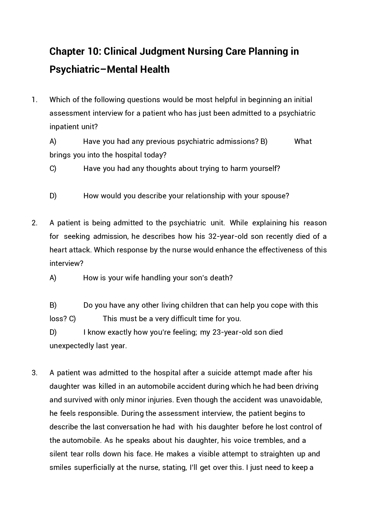 Chapter 10 Clinical Judgment Nursing Care Planning in Psychiatric–Mental Health Exam Questions and Answers