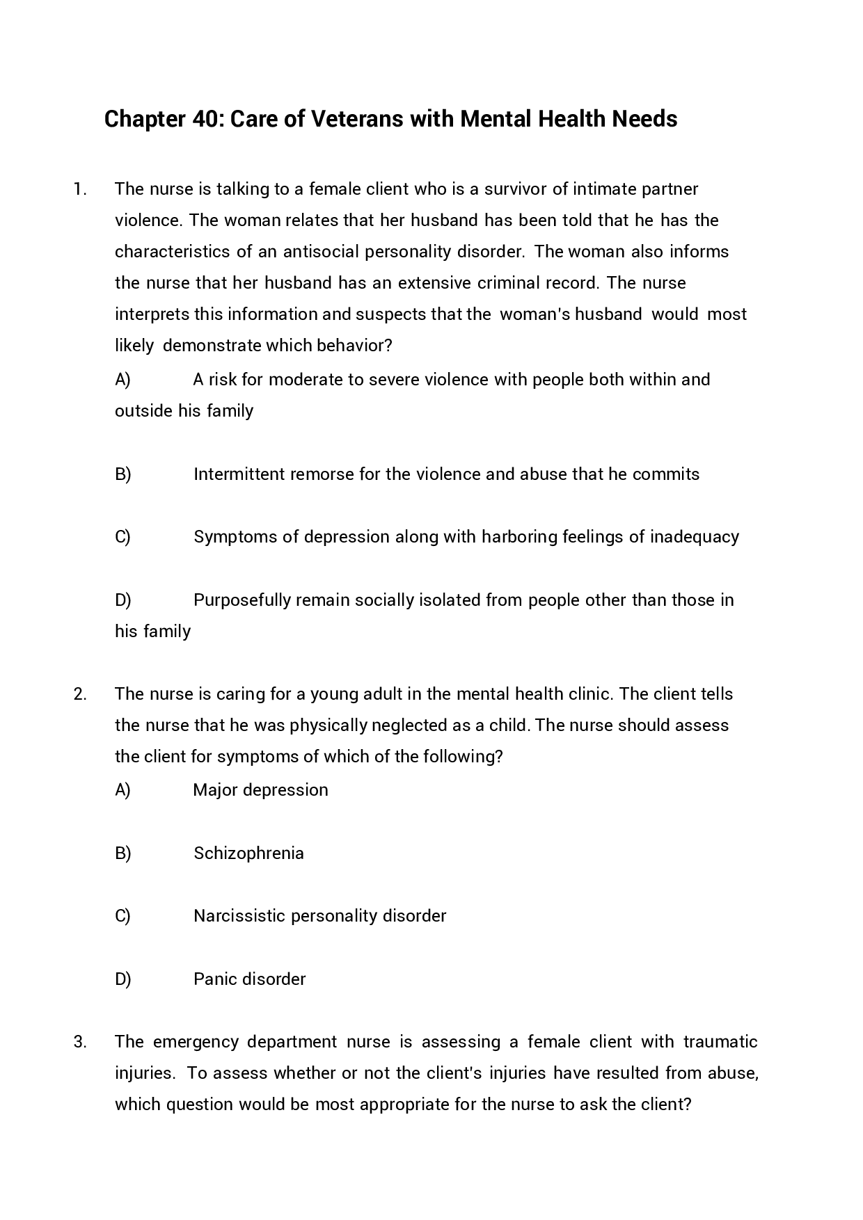 Chapter 40 Care of Veterans with Mental Health Needs Exam Questions and Answers