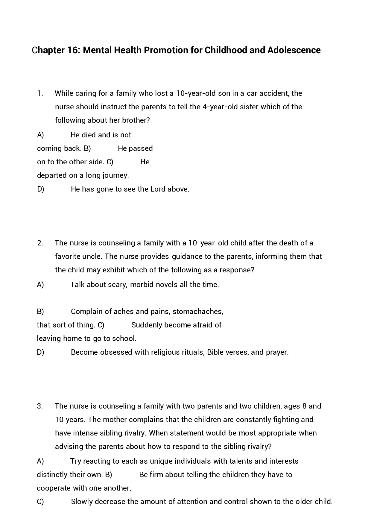 Chapter 16 Mental Health Promotion for Childhood and Adolescence Exam Questions and Answers