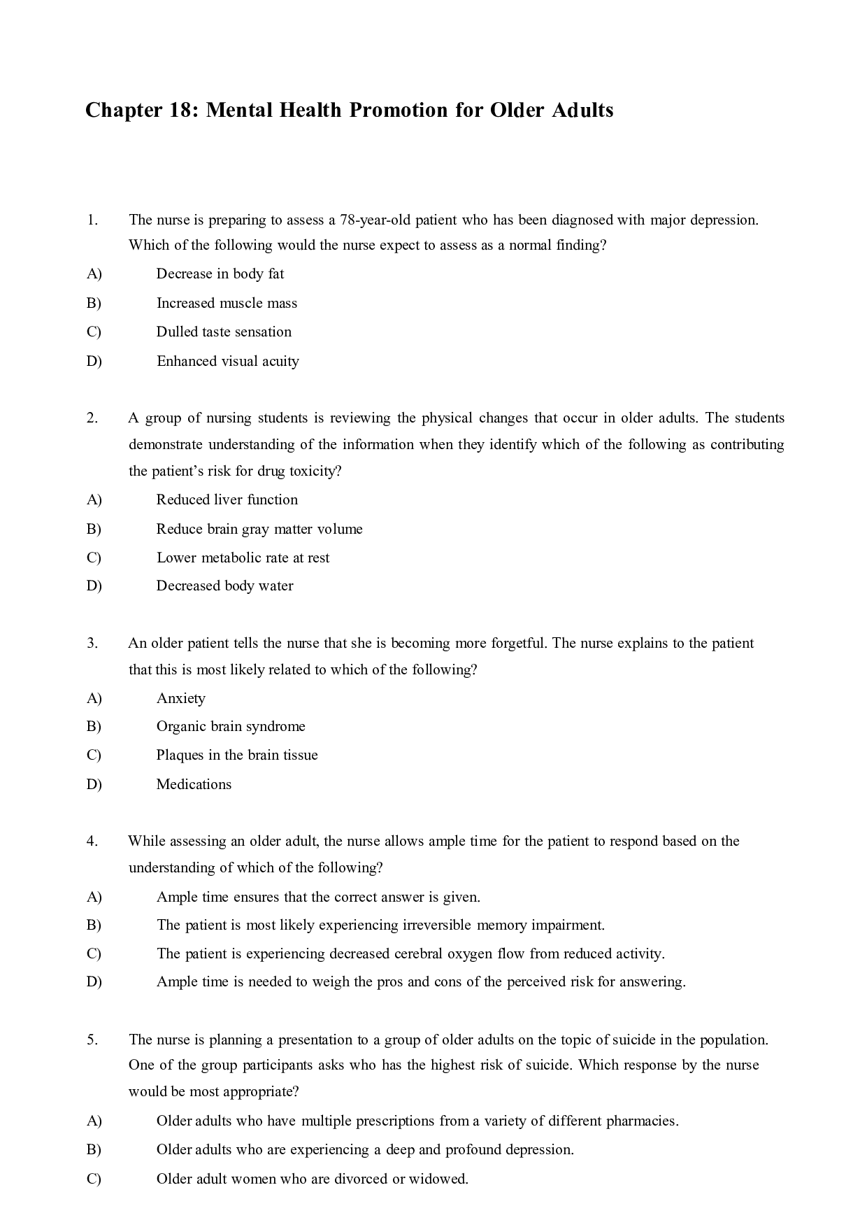 Chapter 18 Mental Health Promotion for Older Adulthood Exam Questions and Answers