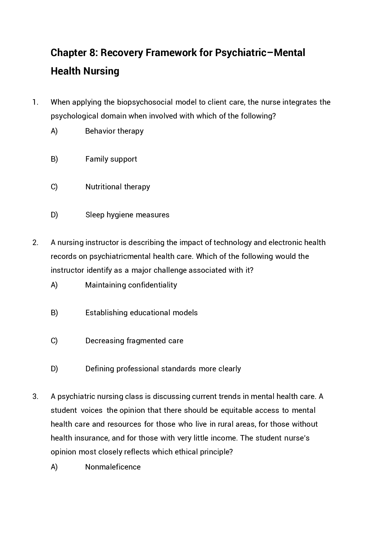 Chapter 8 Recovery Framework for Psychiatric–Mental Health Nursing Exam Questions and Answers
