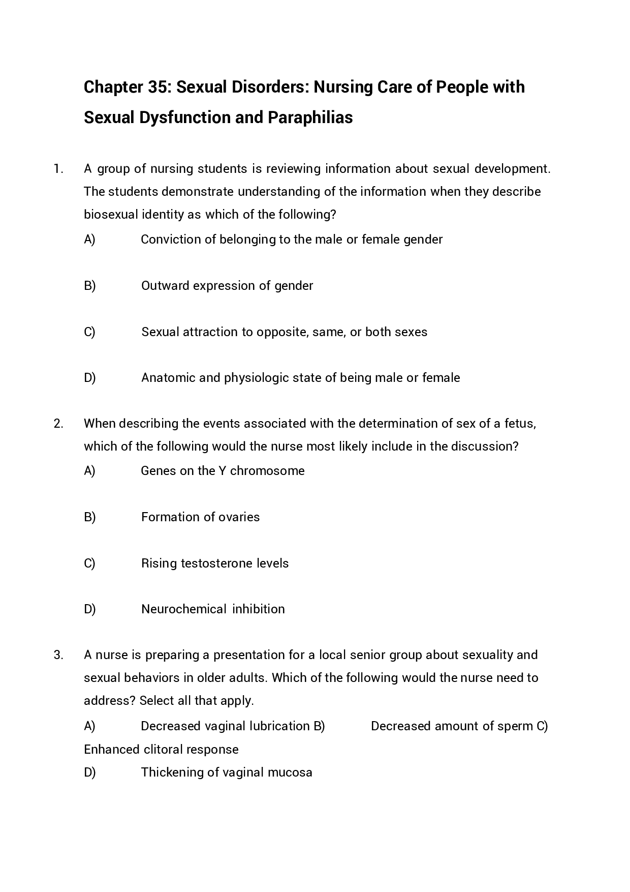 Chapter 35 Sexual Disorders, Nursing Care of People with Sexual Dysfunction and Paraphilias Exam Questions and Answers