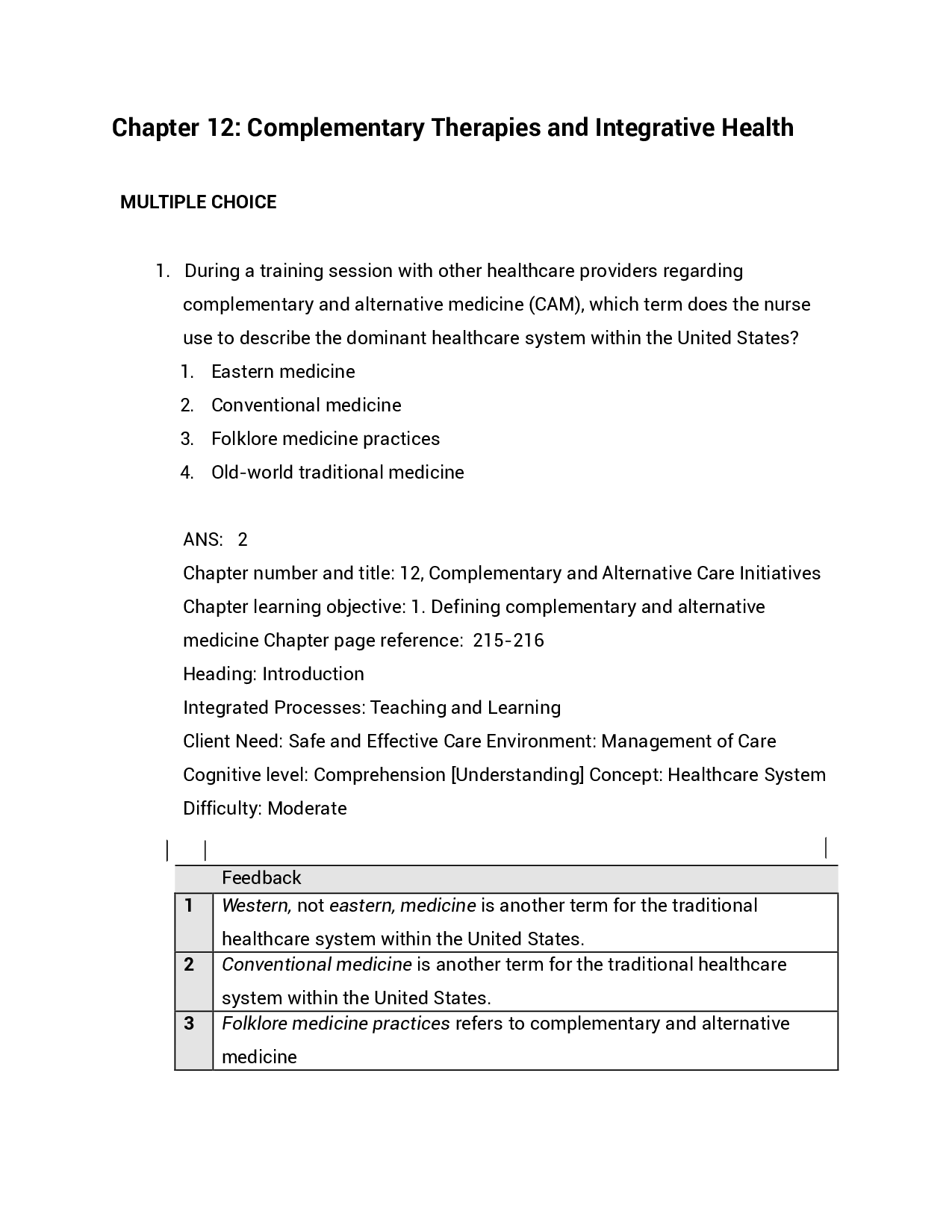 Chapter 12 Complementary Therapies and Integrative Health Exam Questions and Answers