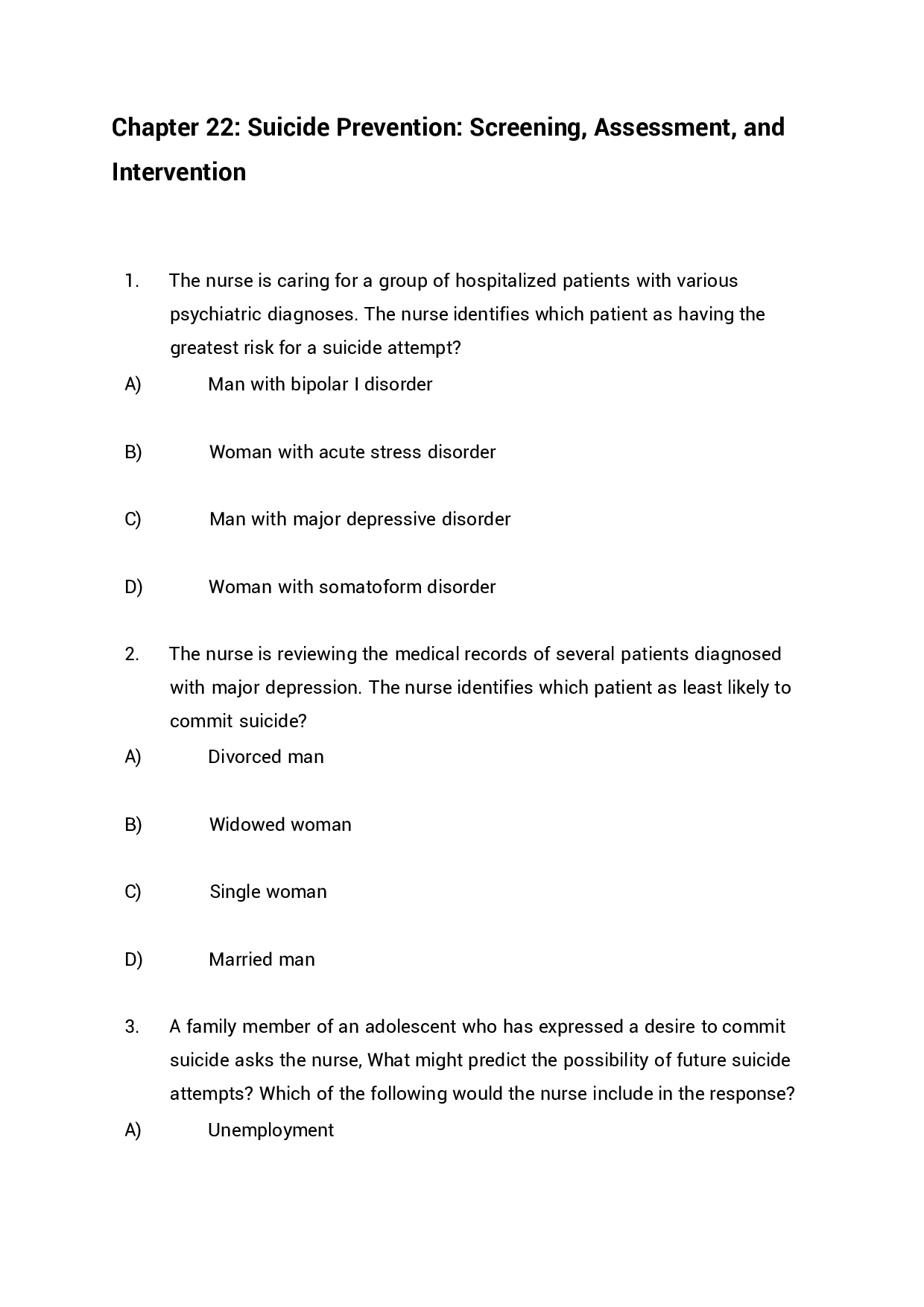 Chapter 22 Suicide Prevention, Screening, Assessment, and Intervention Exam Questions and Answers