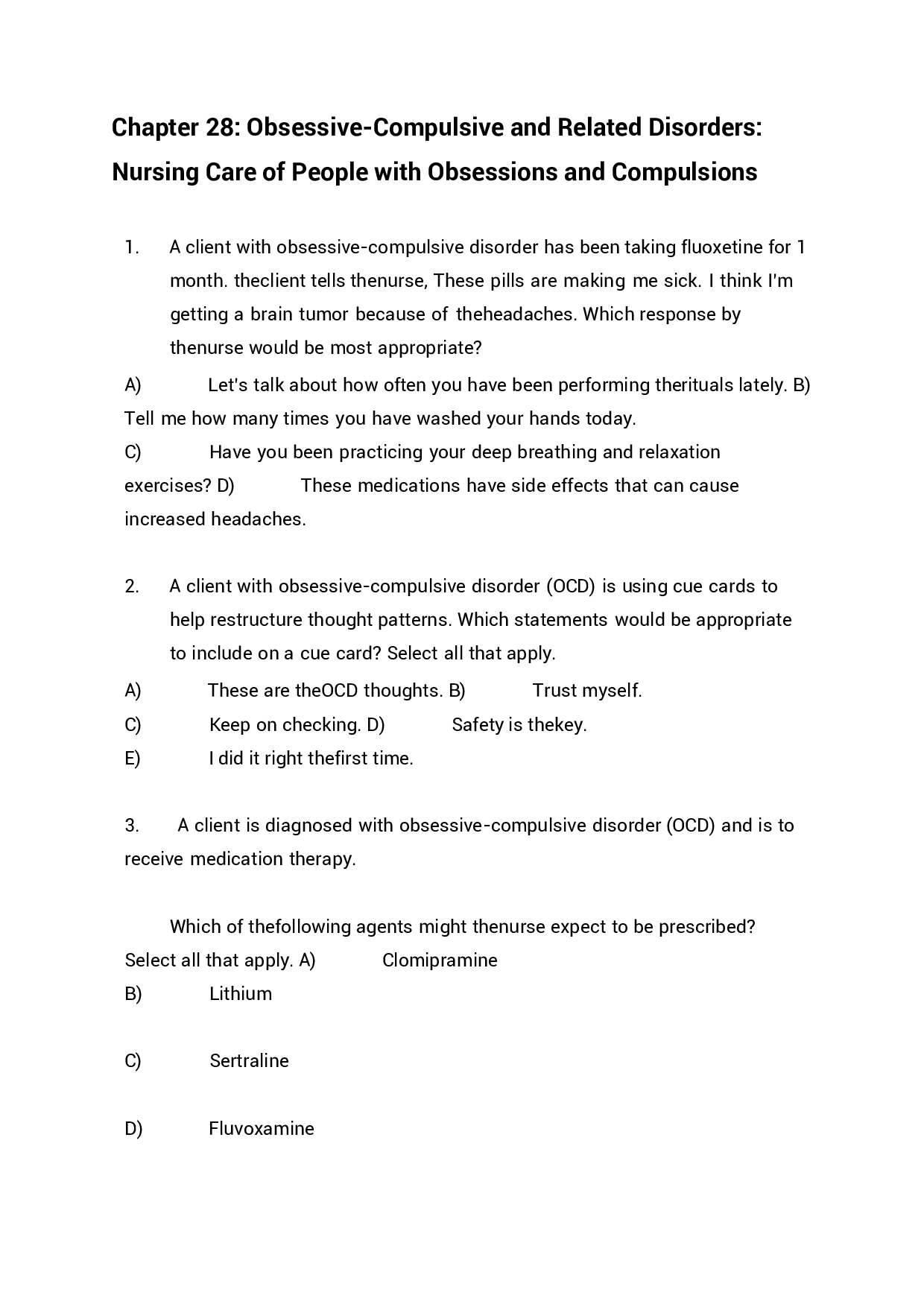 Chapter 28 Obsessive-Compulsive and Related Disorders, Nursing Care of People with Obsessions and Compulsions Exam Questions and Answers