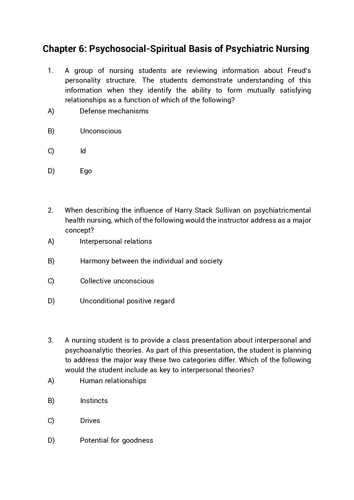 Chapter 6 Psychosocial-Spiritual Basis of Psychiatric Nursing Exam Questions and Answers