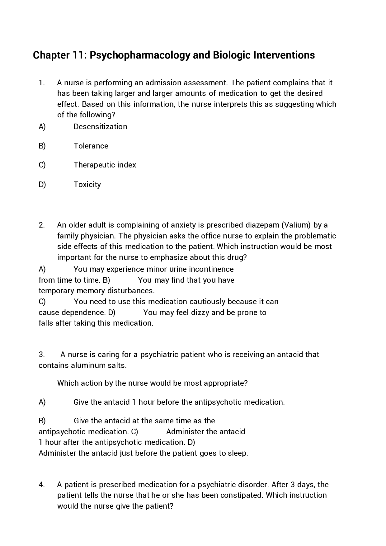 Chapter 11 Psychopharmacology and Biologic Interventions Exam Questions and Answers