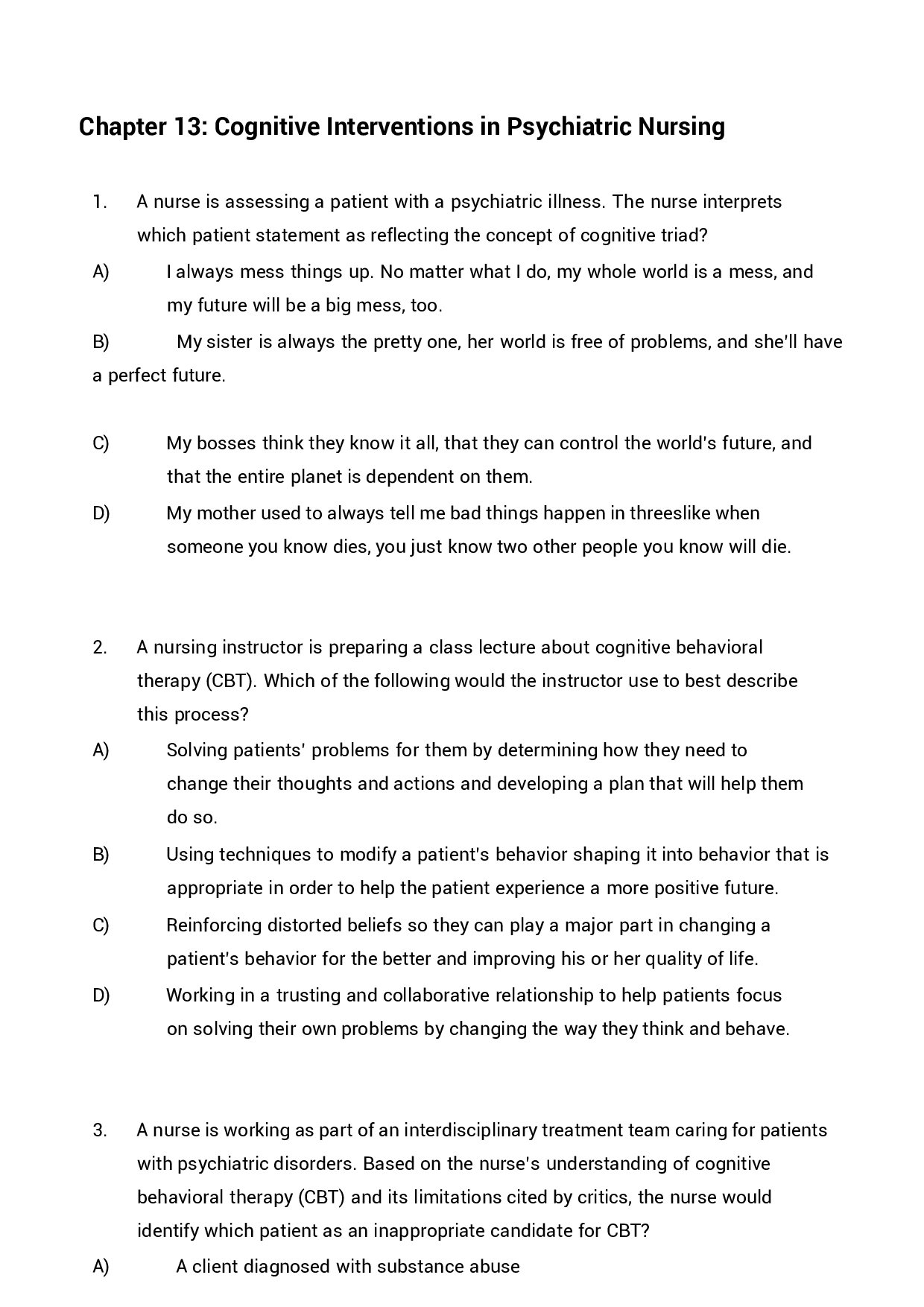 Chapter 13 Cognitive Interventions in Psychiatric Nursing Exam Questions and Answers
