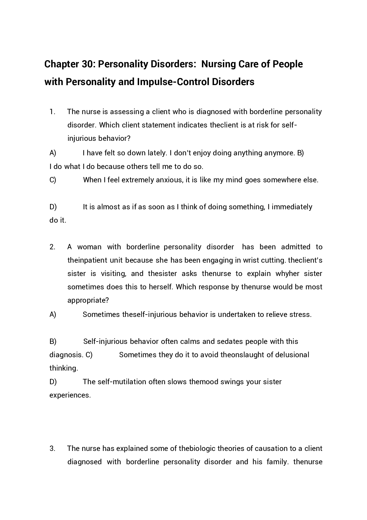 Chapter 30 Personality Disorders,  Nursing Care of People with Personality and Impulse-Control Disorders Exam Questions and Answers